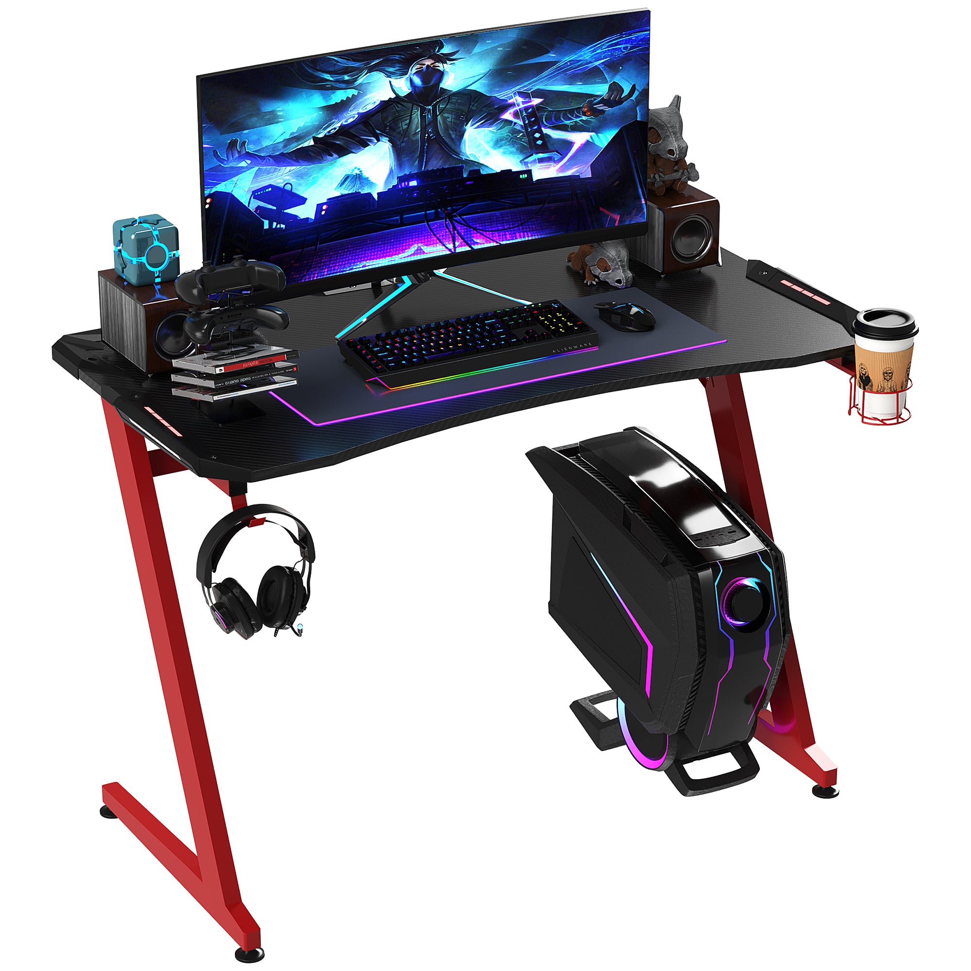 HOMCOM 122 x 66 cm Gaming Desk, Carbon Fibre Covered Computer Desk, Gamer Workstation with Headphone Hook, Cup Holder and Gamepad Storage Rack, Black and Red - North Peak Garden Furniture