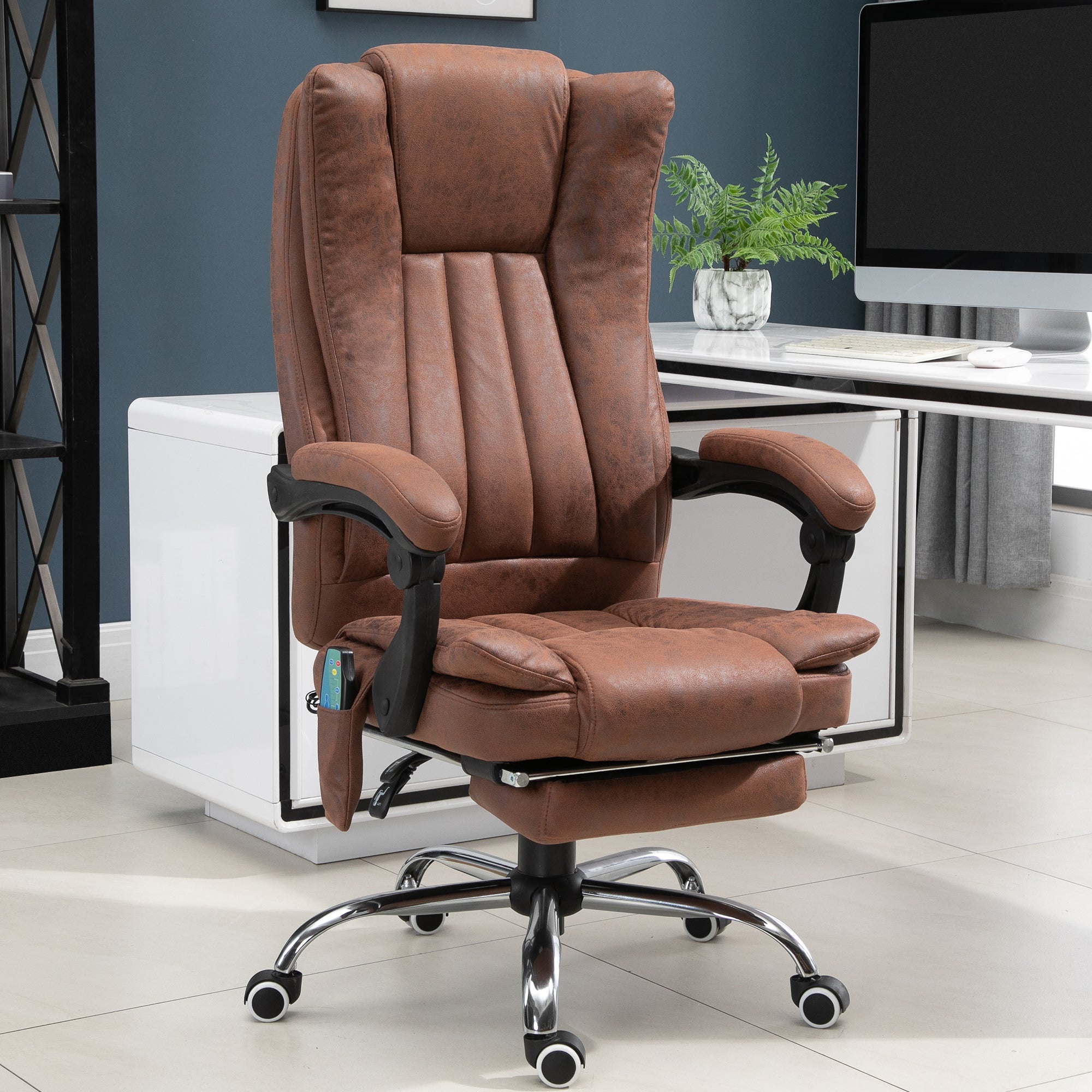 Vinsetto Office Chair with Massage and Heat, Microfibre Reclining Computer Desk Chair with Footrest and Adjustable Height, Swivel Wheels for Home Office, Brown - North Peak Garden Furniture