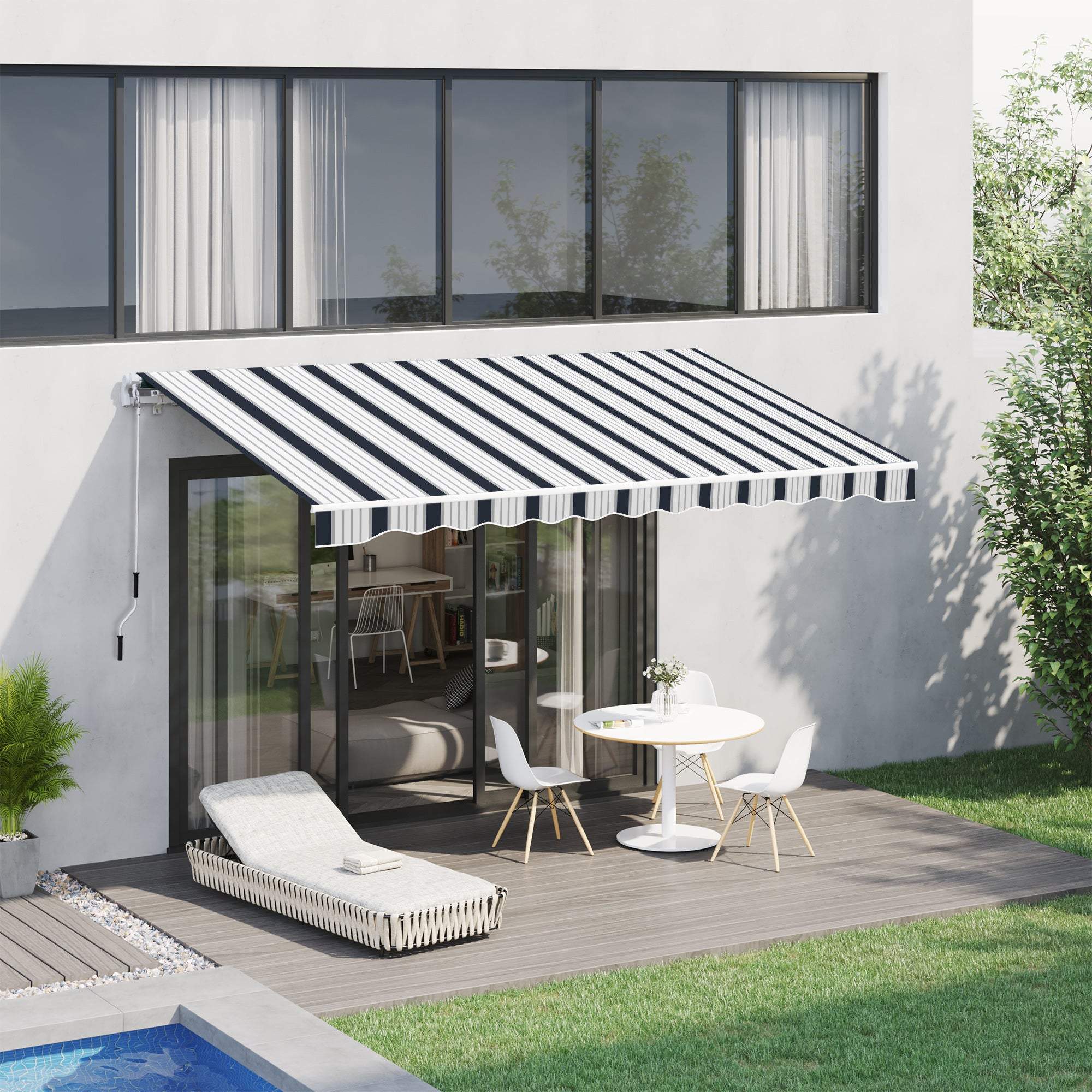 Outsunny Manual Retractable Awning, 4x3 m-Blue/White - North Peak Garden Furniture