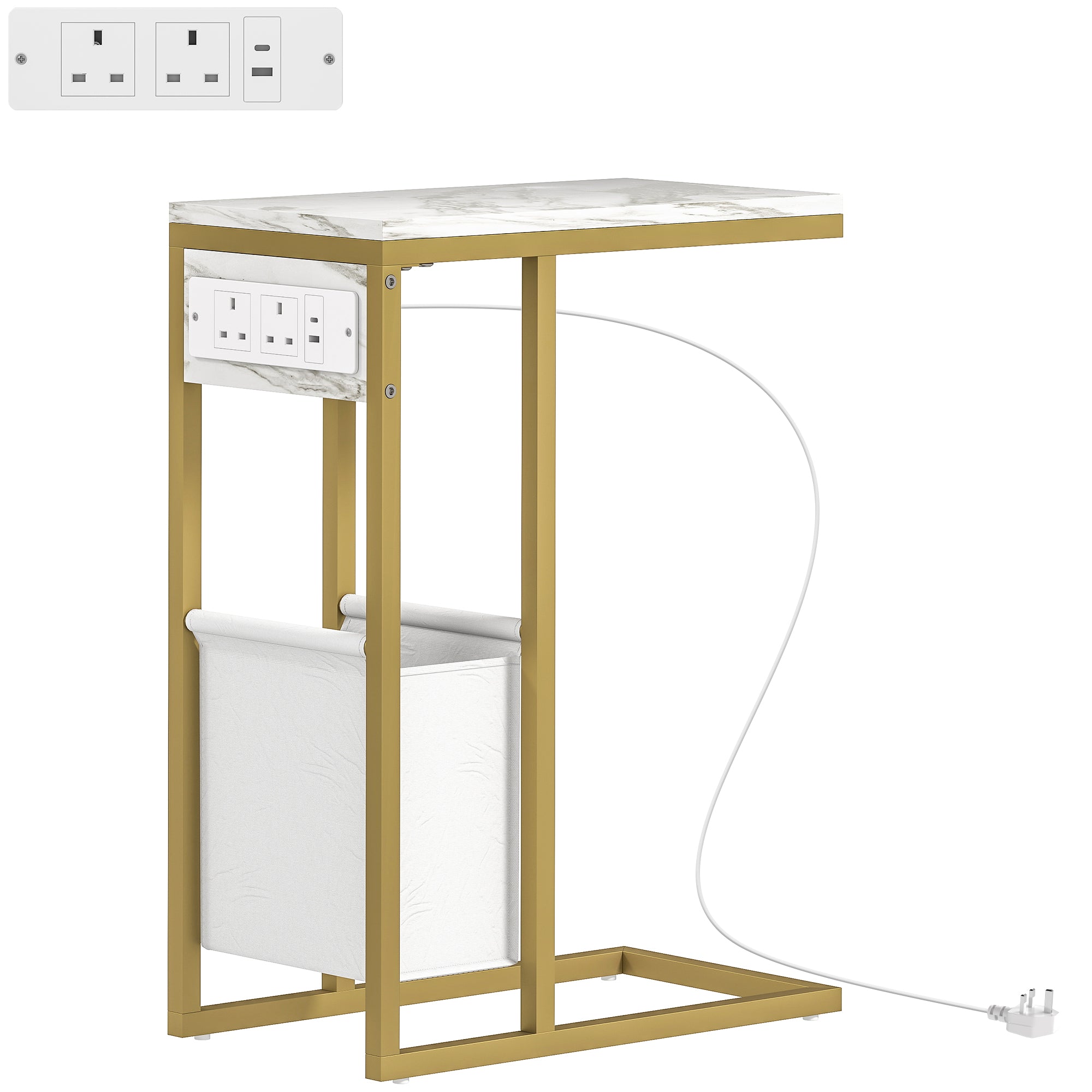 HOMCOM C Shaped Side Table with Charging Station and Faux Marble Top - White