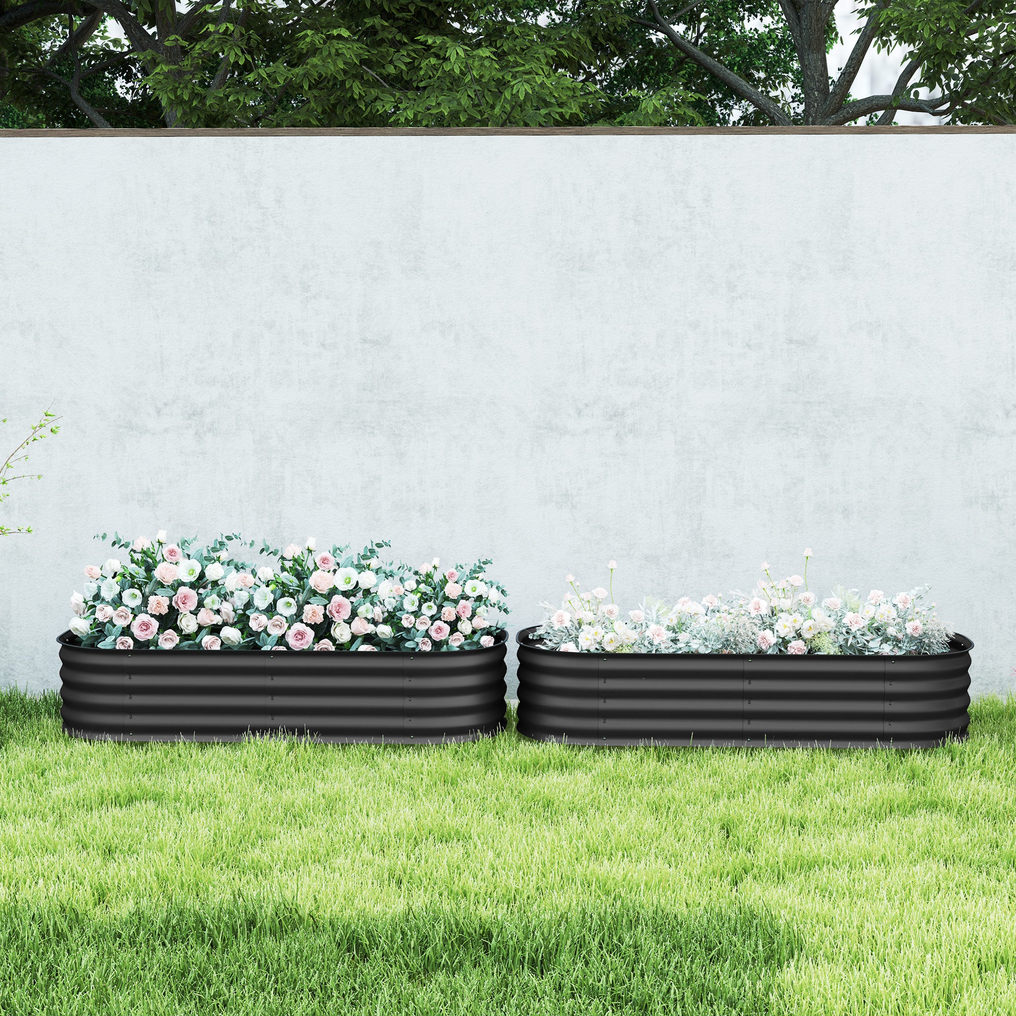 Outsunny Galvanised Raised Garden Bed, Metal Planter Box with Safety Edging, for Flowers, Herbs, Succulents, Pack of 2, Dark Grey - North Peak Garden Furniture