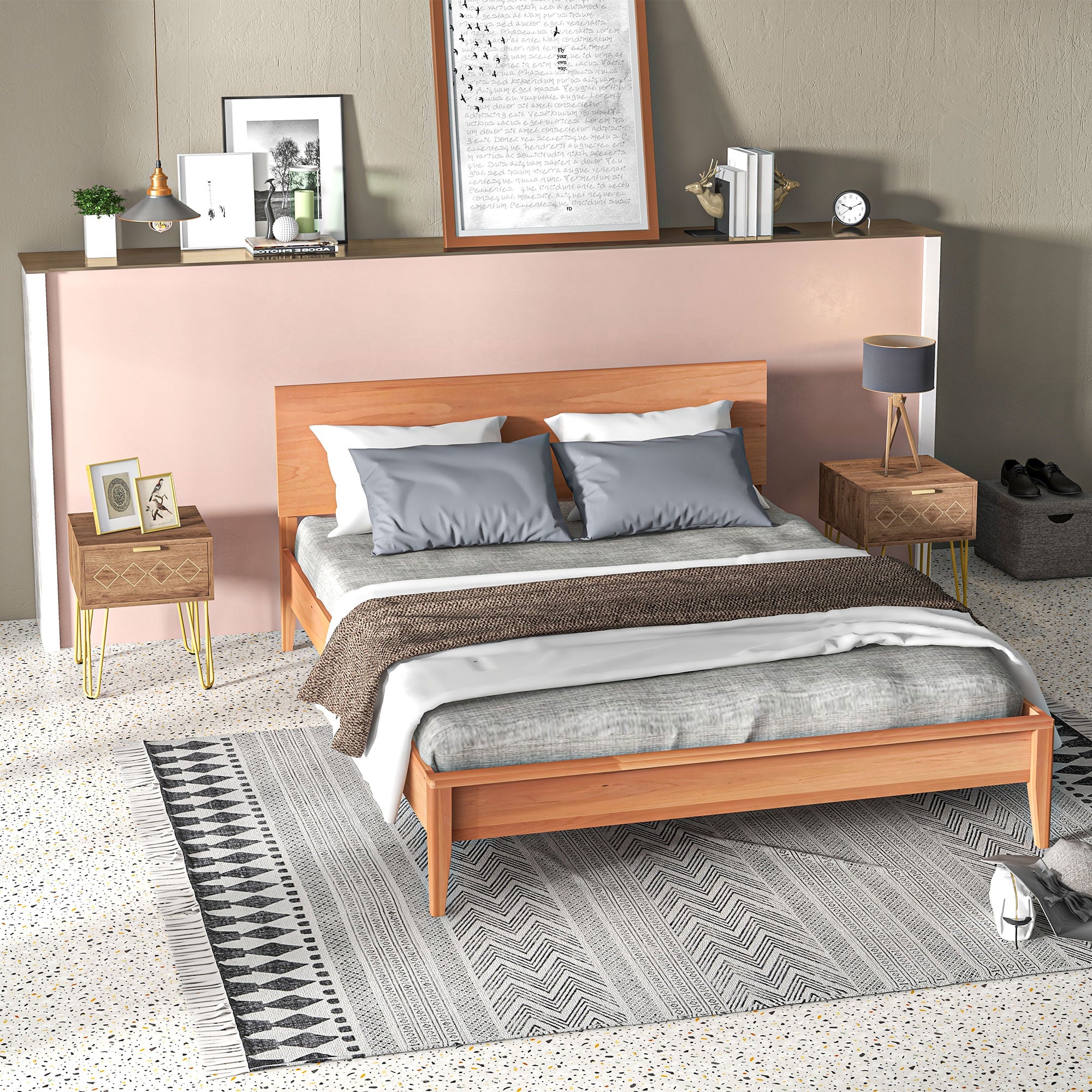 HOMCOM Bedside Table Set of 2 with Drawer, Wooden Nightstand, Modern Sofa Side Table with Gold Tone Metal Legs for Bedroom - North Peak Garden Furniture