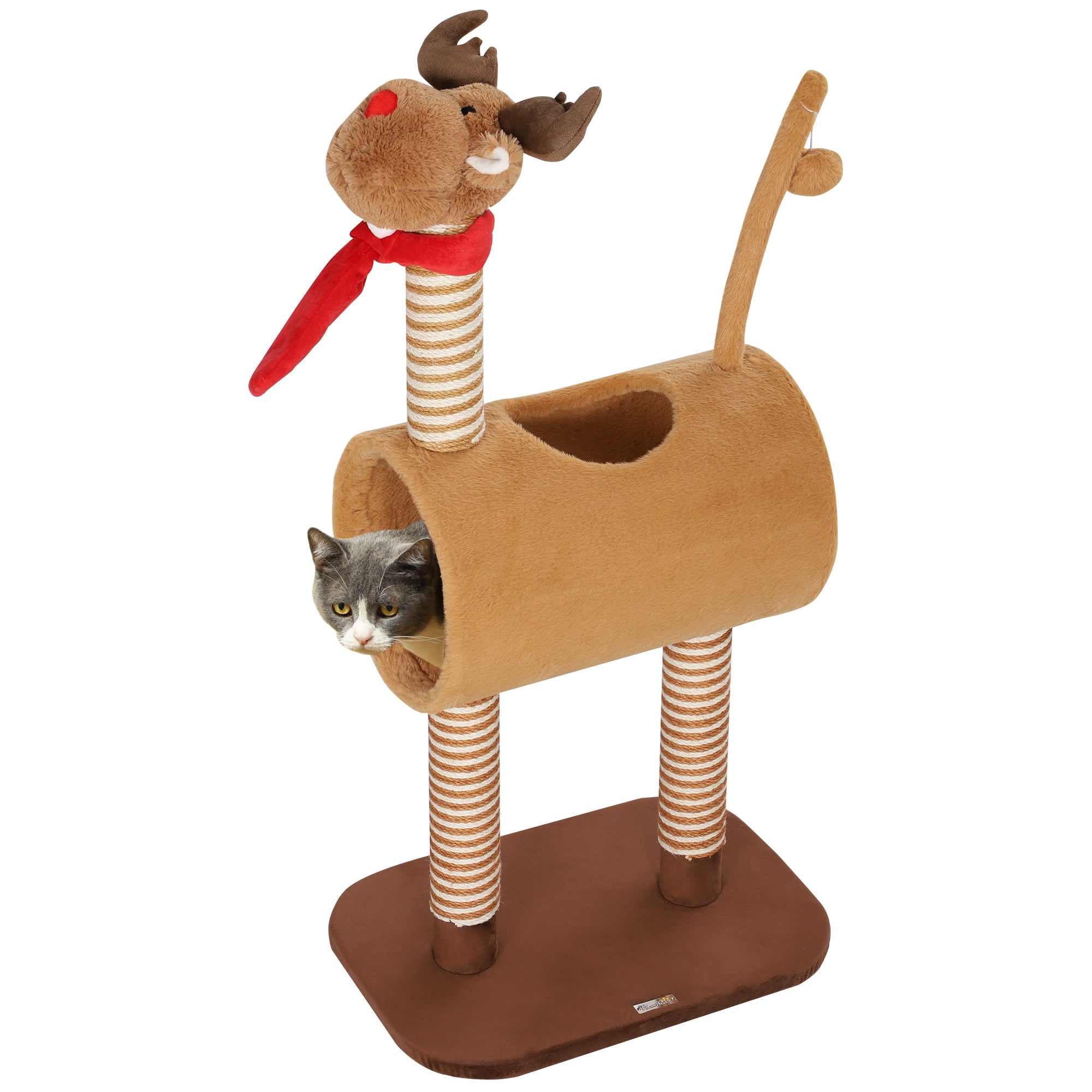 PawHut 98cm Deer-Designed Cat Tree with Scratching Posts, Toy Ball, Tunnel, Brown - North Peak Garden Furniture