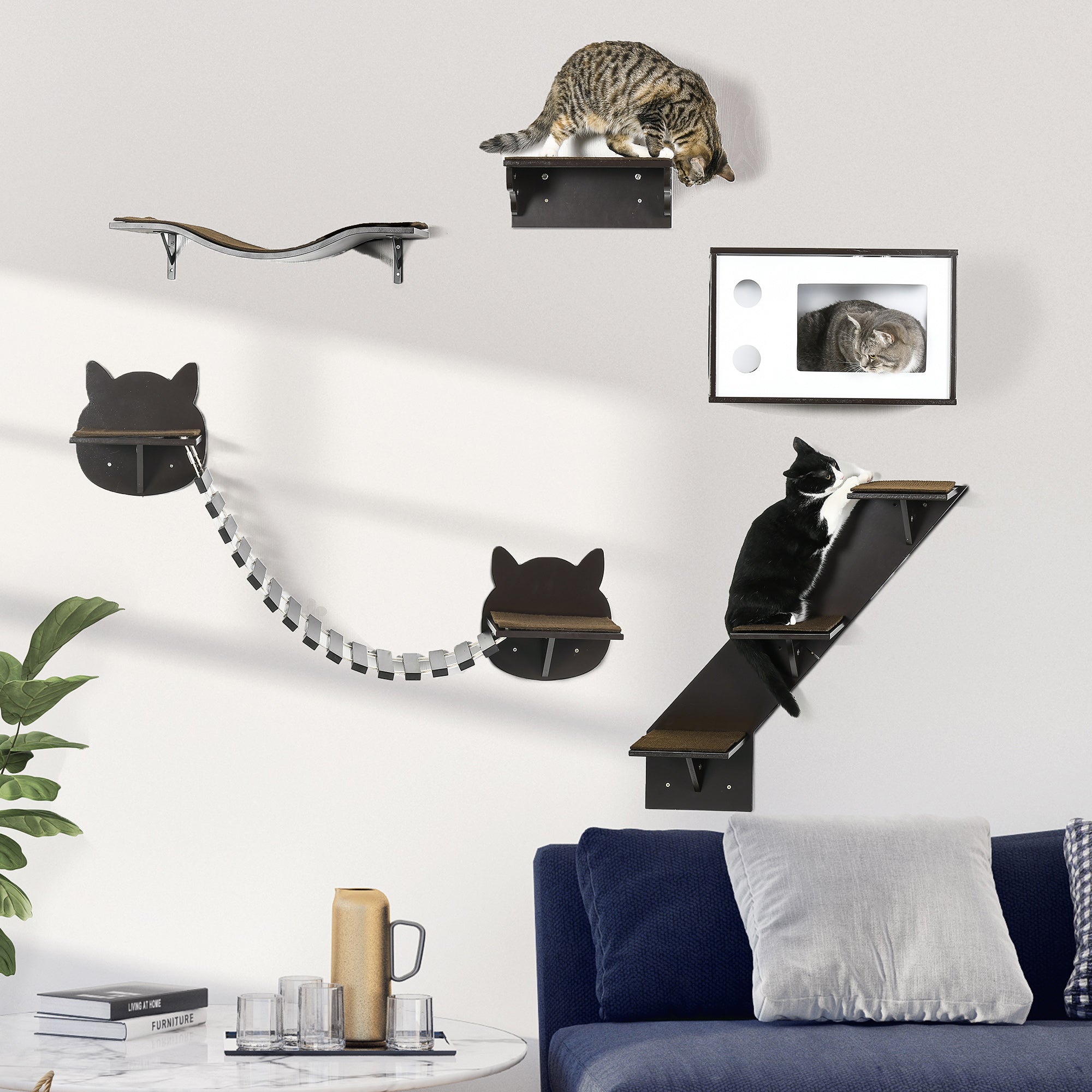 PawHut 5 Piece Cat Wall Shelves, Wall-Mounted Cat Tree for Indoor Use - Brown - North Peak Garden Furniture