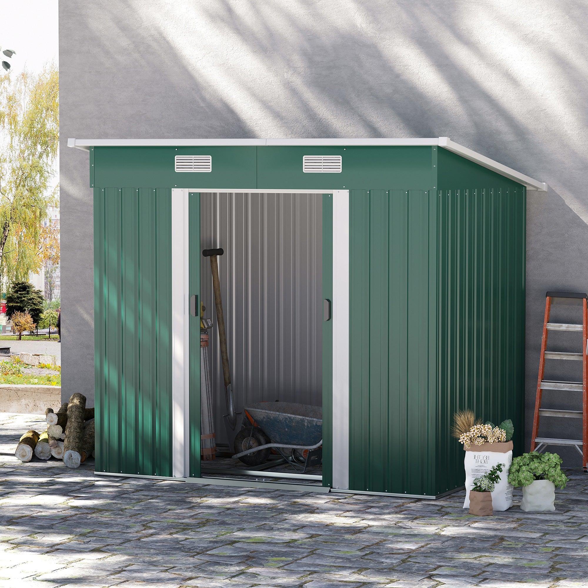 Outsunny 7 x 4ft Outdoor Storage Shed with Foundation Kit, Lean to Metal Garden Shed for Log, Rubbish Bin, Tool, Lawnmower, Bike, Patio and Lawn Use, Green - North Peak Garden Furniture