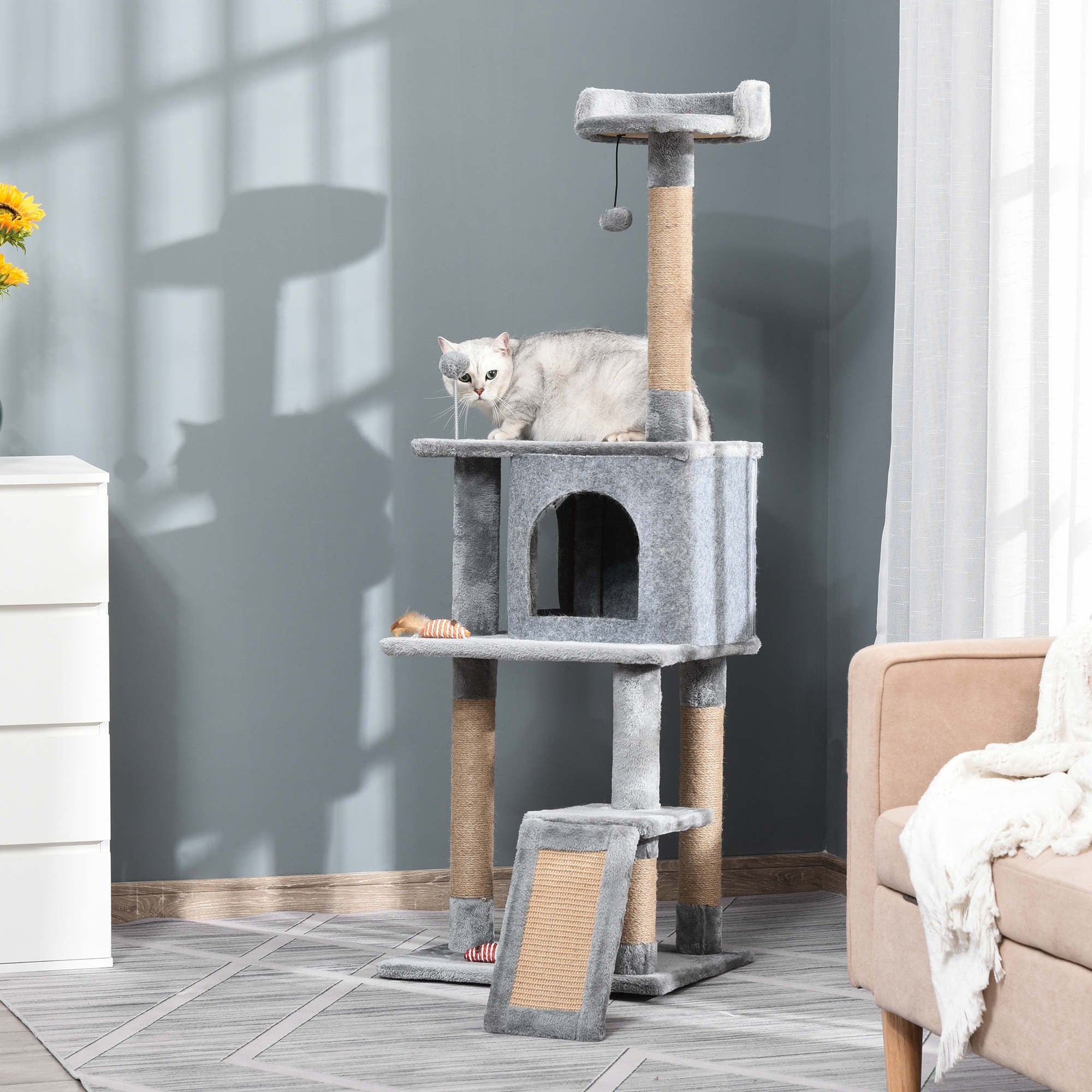 PawHut Cat Tree Tower for Indoor Cats 142cm Climbing Kitten Activity Center with Jute Scratching Post Board Perch Roomy Condo Removable Felt Hanging Toy, Grey - North Peak Garden Furniture
