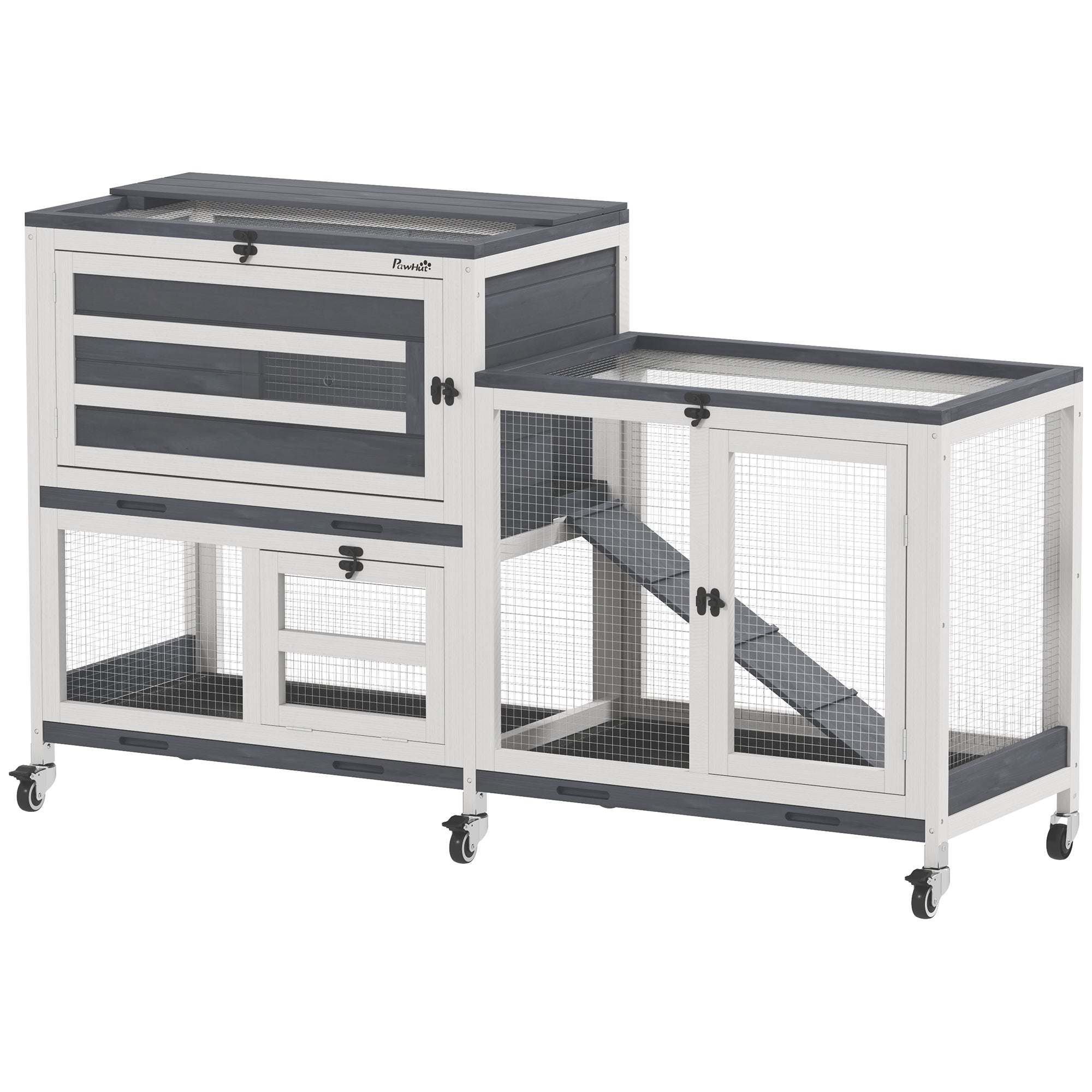PawHut Wooden Rabbit Hutch with Run, 2-Tier Guinea Pig Hutch with Run, Wheels, 3 Plastic Trays, 2 Openable Top, for 2-3 Rabbits - North Peak Garden Furniture