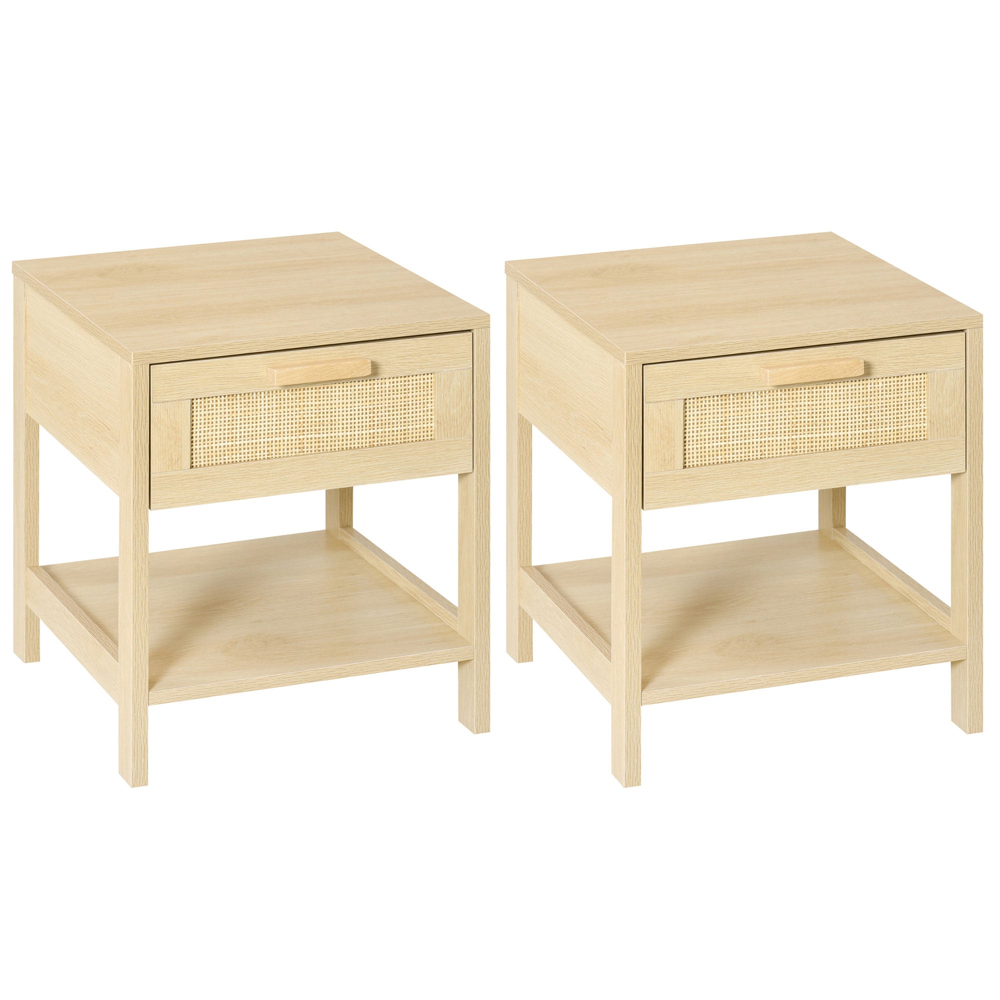 HOMCOM Bedside Table, Nightstand with Rattan Drawer and Storage Open Shelf, Farmhouse Side Table for Bedroom, Living Room, Set of 2 - North Peak Garden Furniture