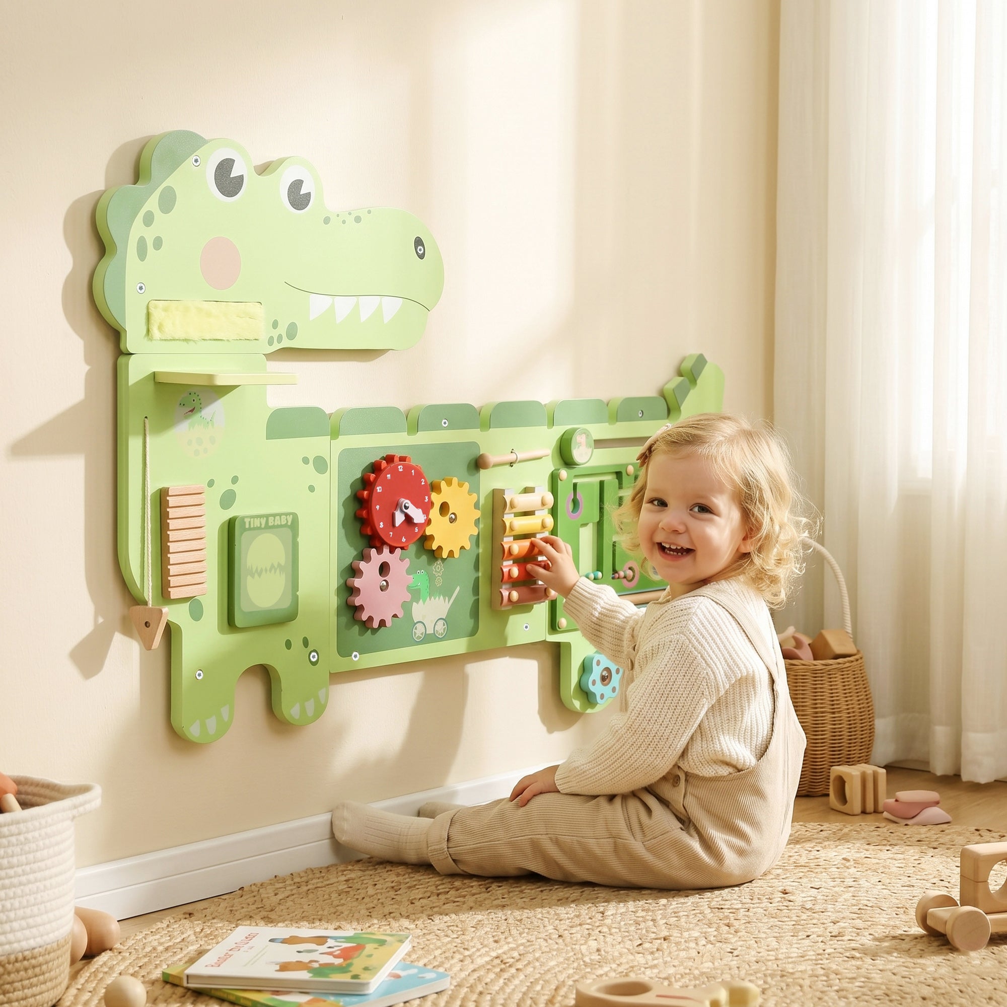 AIYAPLAY Busy Board Panels, Wall Mounted Montessori Inspired Busy Board, Toddler Learning Centre Dinosaur Theme, Green