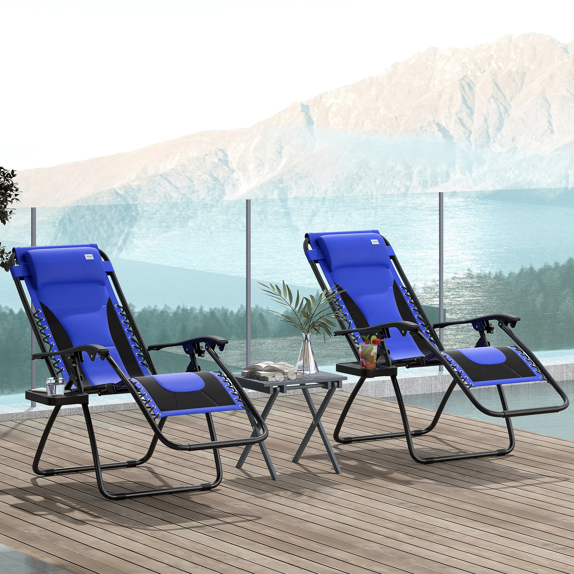 Outsunny Zero Gravity Lounger Chair Set of 2, Folding Reclining Patio Chair with Padded Seat, Cup Holder, Soft Cushion and Headrest for Poolside, Camping, Blue - North Peak Garden Furniture