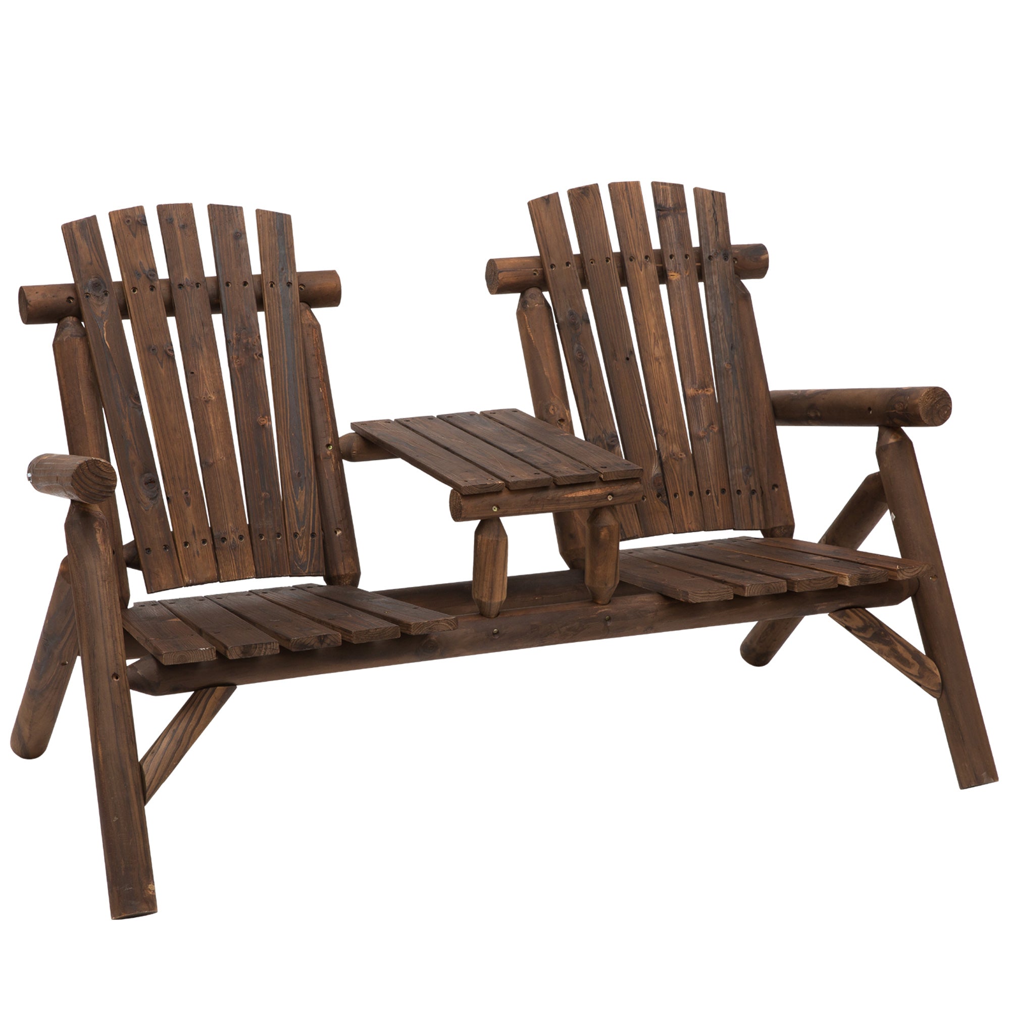 Outsunny Wood Patio Chair Bench 2 Seats Jack and Jill Seat w/ Center Coffee Table, Garden Bench, Carbonized - North Peak Garden Furniture