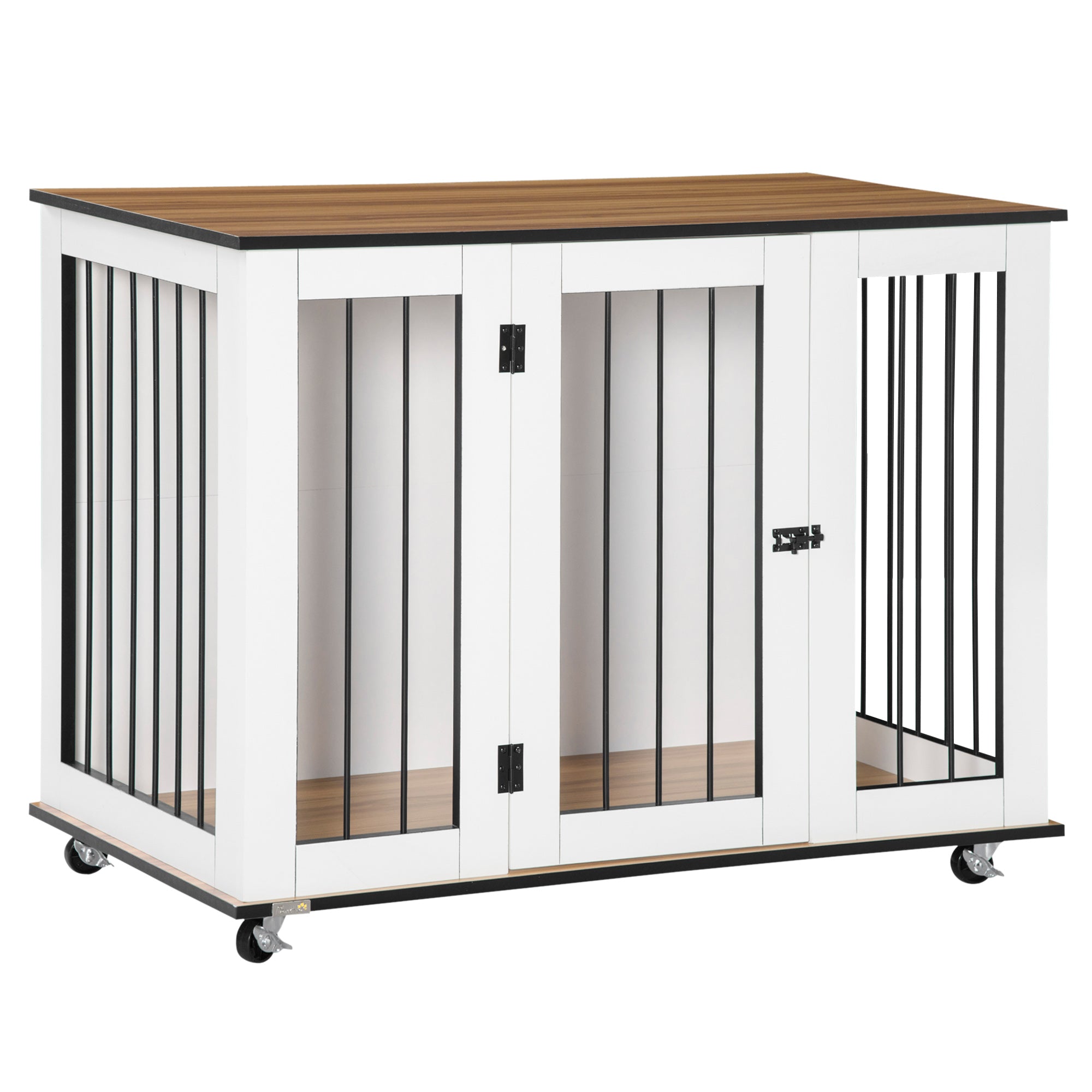 PawHut Dog Crate Furniture, Dog Cage End Table with Wheels, Lockable Door, for Medium Dogs, 106 x 60 x 82 cm - White - North Peak Garden Furniture