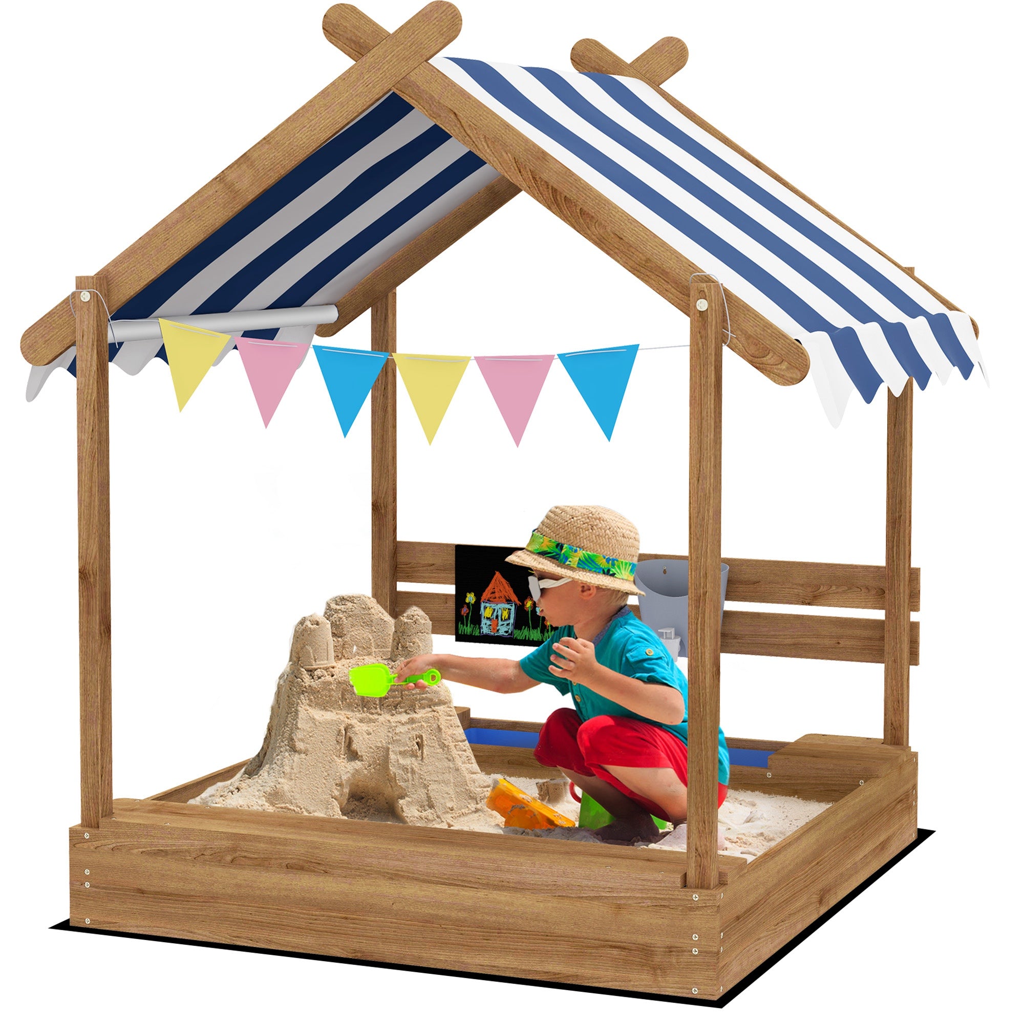 Outsunny House-Designed Wooden Sandbox, Outdoor Sandpit, with Blackboard, Toys, Sink, Seats, Flags, for Ages 3-7 Years - Brown - North Peak Garden Furniture