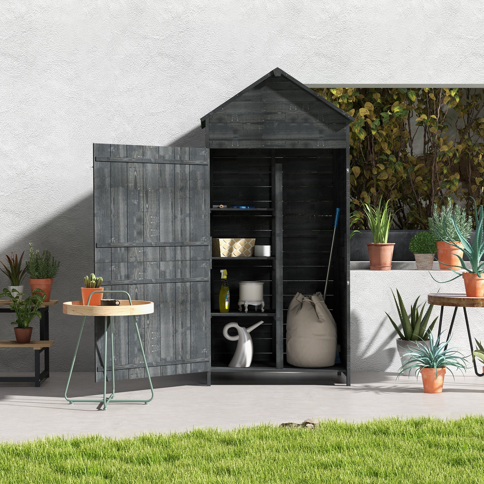 Outsunny Garden Shed 4-Tier Wooden Garden Outdoor Shed 3 Shelves Utility Gardener Cabinet Lockable 2 Doors - Grey - North Peak Garden Furniture