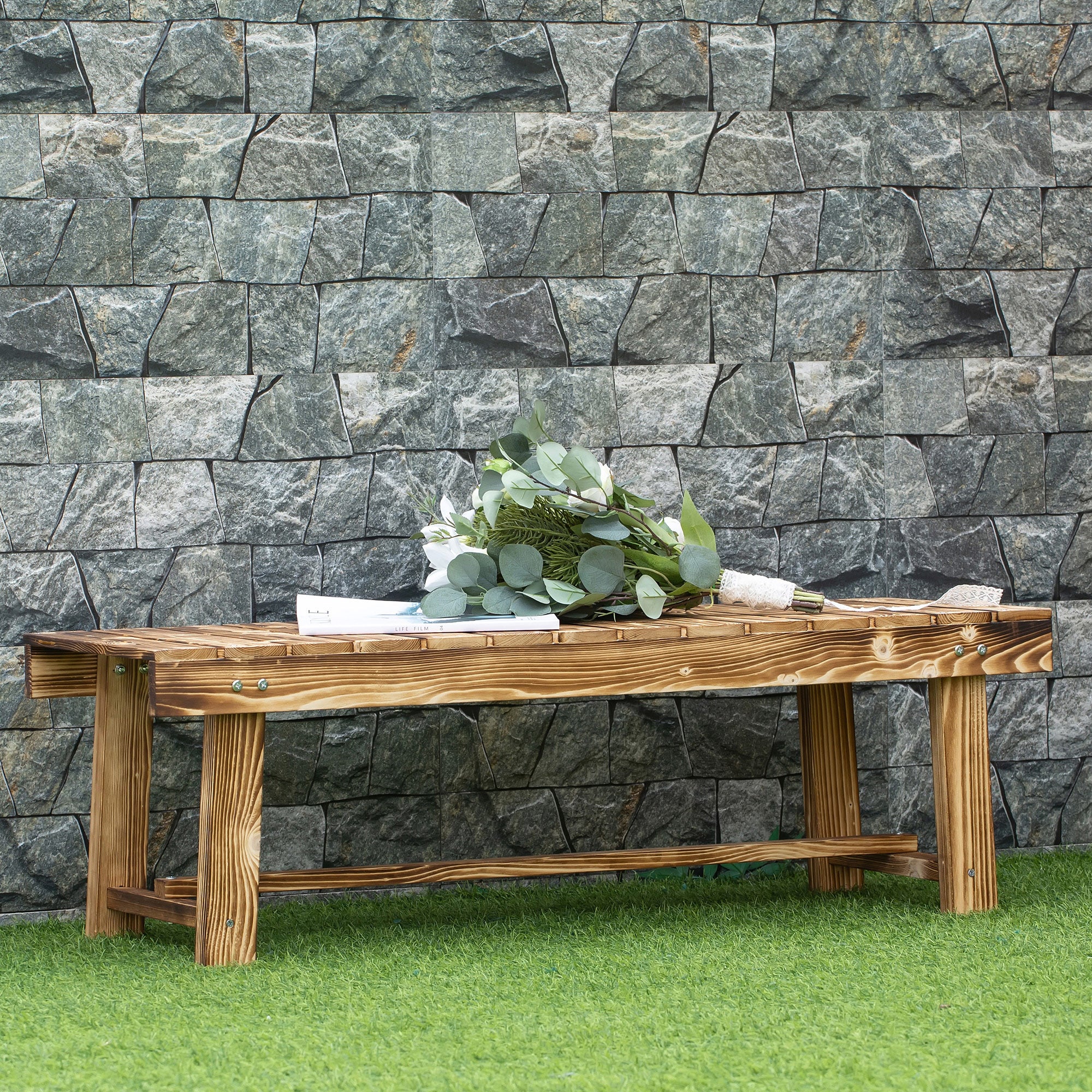 Outsunny 1 Piece 2-seater Outdoor Indoor Garden Wooden Bench Fir Patio Loveseat, 110L x 38W x 35Hcm, Carbonised - North Peak Garden Furniture