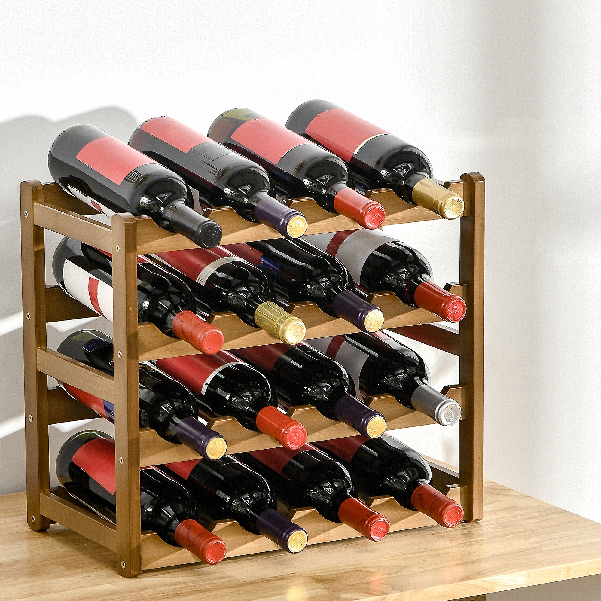 HOMCOM Free Standing Bamboo Wine Rack with 16 Bottles Holder, 4-tier Water Bottle Organizer, Display Shelf for Countertop, Home Bar, Brown - North Peak Garden Furniture