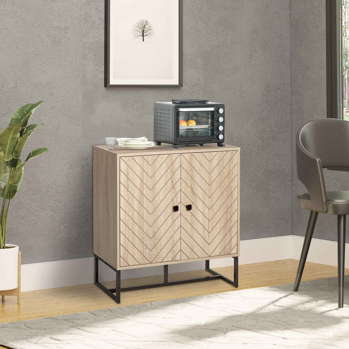 HOMCOM MDF 2-Tier Storage Cabinet Steel Frame Handles Tabletop Unique Home Style Organiser, 80H x 80L x 29.5Wcm-Oak