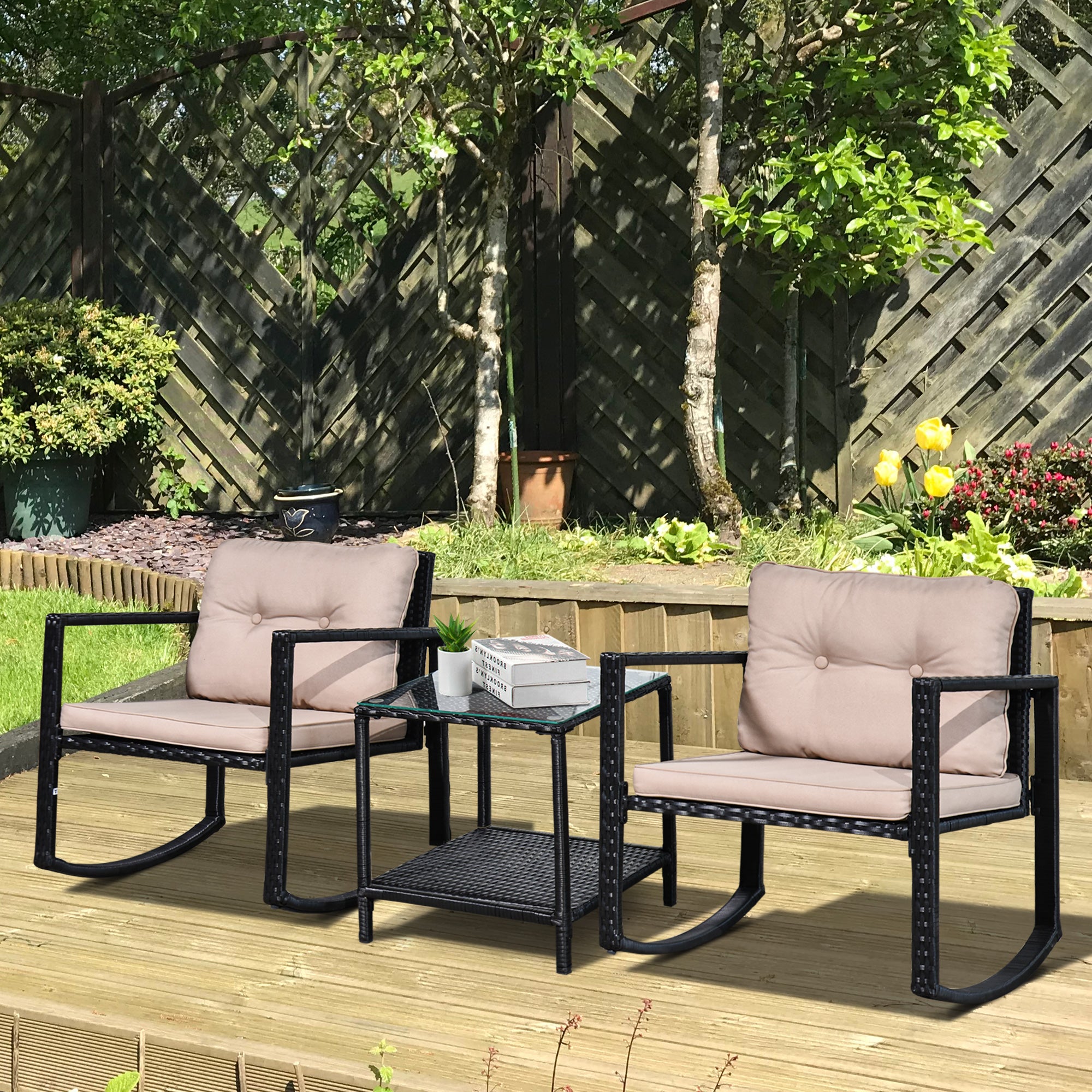 Outsunny 3 Pieces Rattan Garden Rocking Chair Set, Outdoor Rocking Bistro Set w/ 2 Cushioned Armchair and Glass Top Two-tier Coffee Table, Black - North Peak Garden Furniture