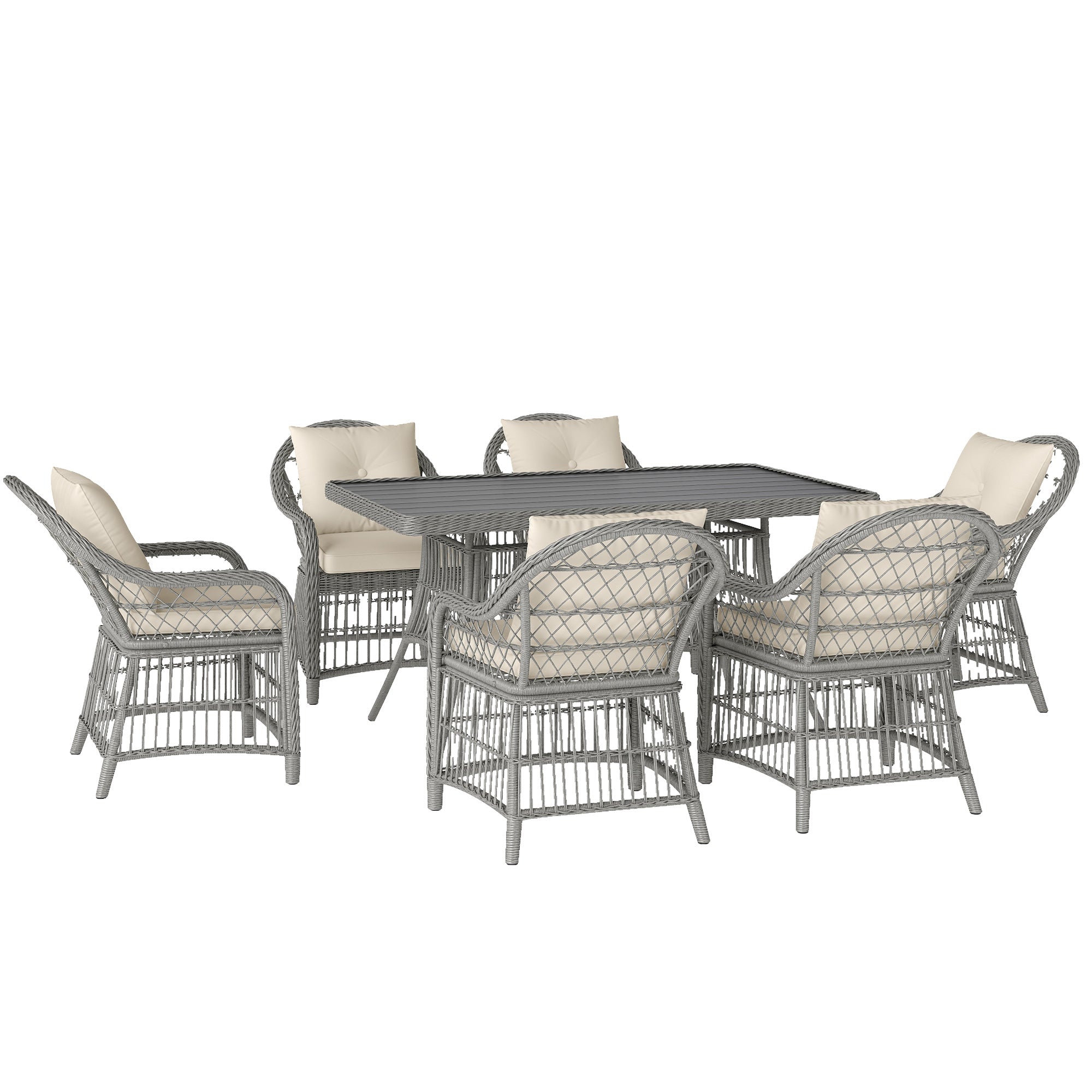 Outsunny Rattan Dining Set with Seat and Back Cushions, 6 Seater Garden Furniture Set with Aluminium Frame, 6 Chairs, WPC Top Rectangle Table, Conservatory Wicker Patio Furniture, Grey - North Peak Garden Furniture