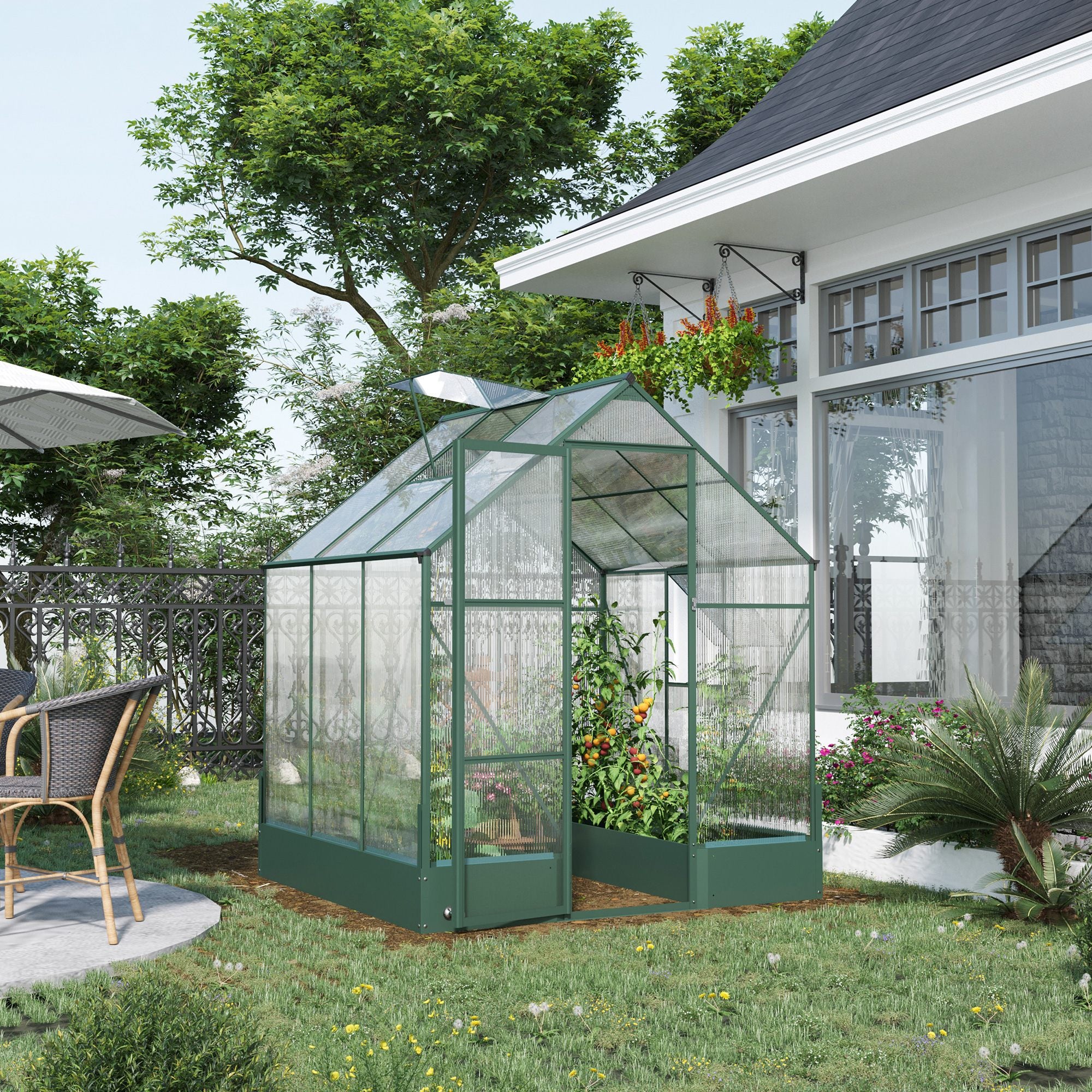 Outsunny Garden Walk-in Aluminium Greenhouse Polycarbonate with Plant Bed, Temperature Controlled Window, Foundation, 6 x 6ft - North Peak Garden Furniture