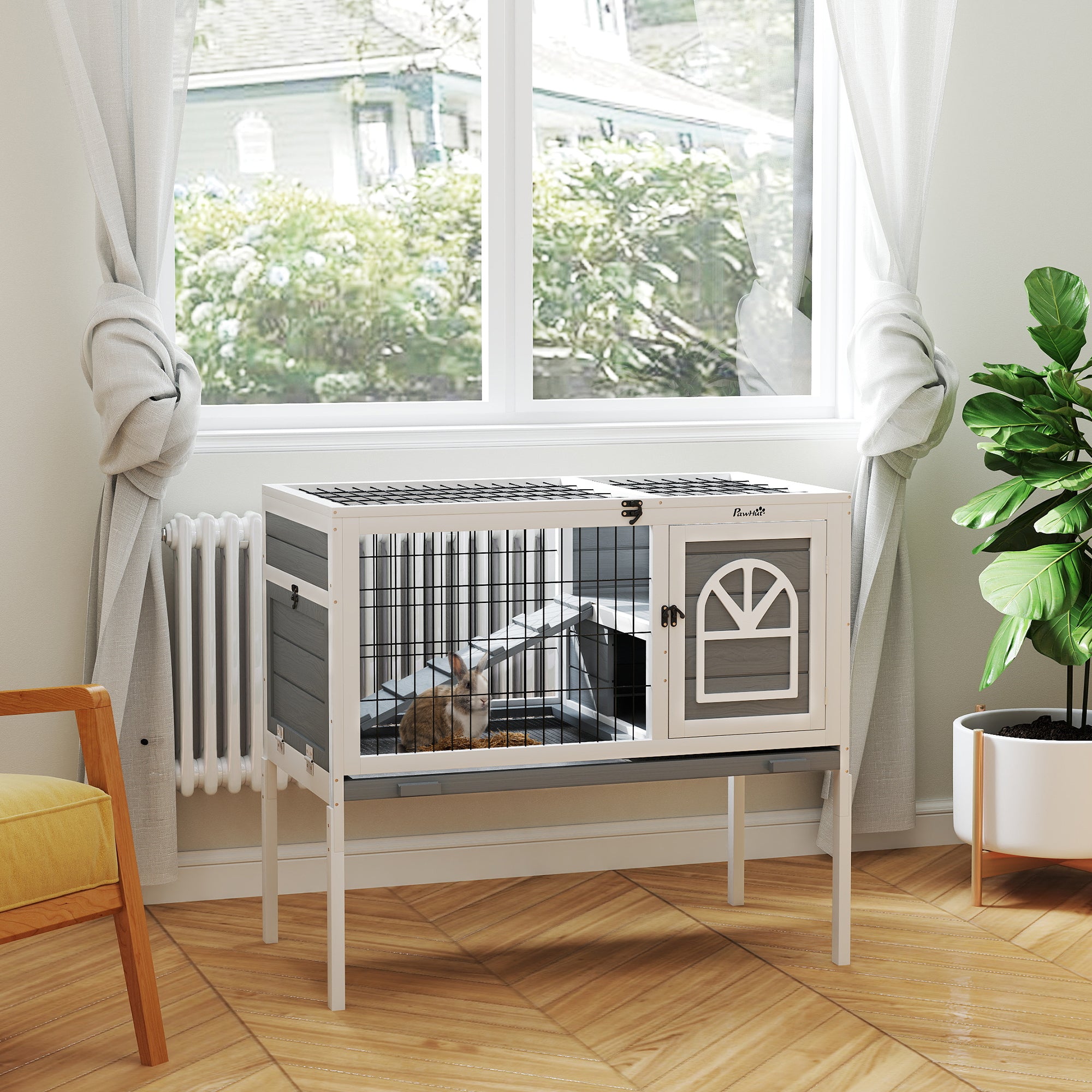 PawHut Wooden Rabbit Hutch, Guinea Pig Cage, with Removable Tray, Openable Roof, Grey - North Peak Garden Furniture