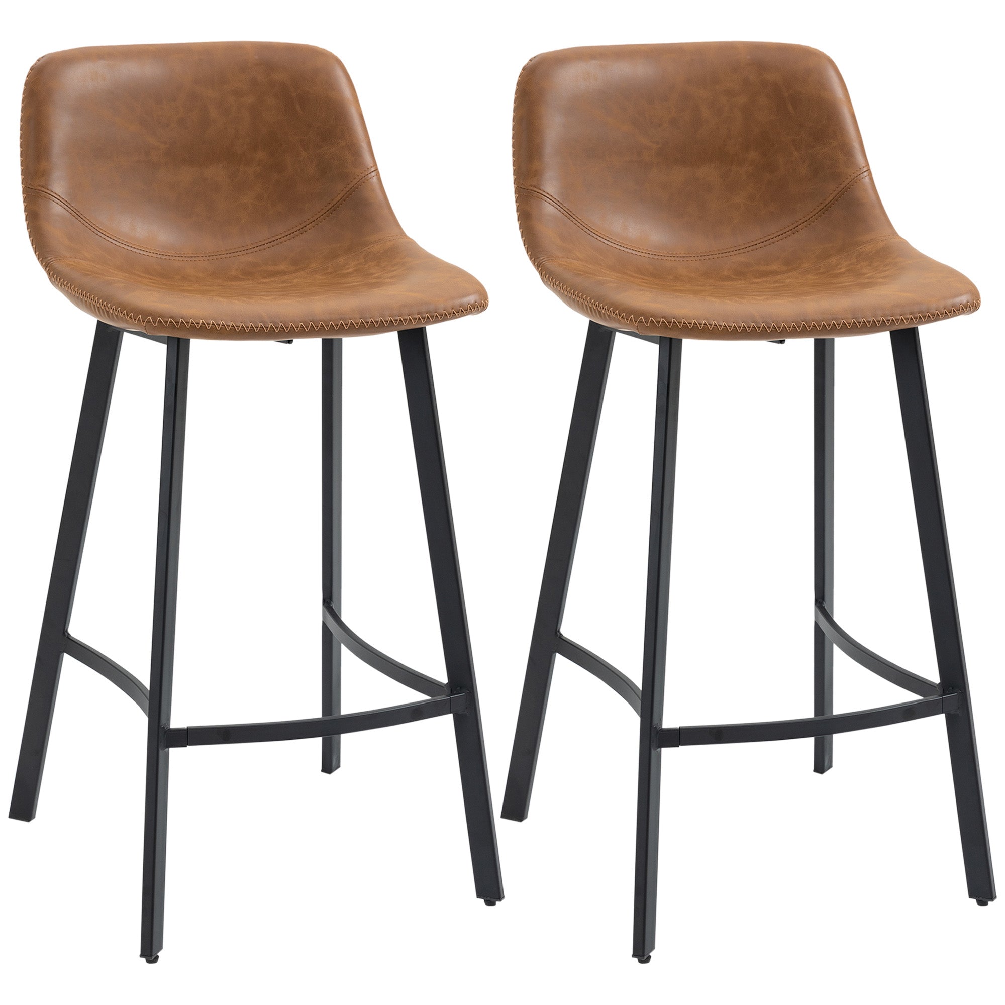 HOMCOM Bar Stools Set of 2, Industrial Kitchen Stool, Upholstered Bar Chairs with Back, Steel Legs, Brown - North Peak Garden Furniture