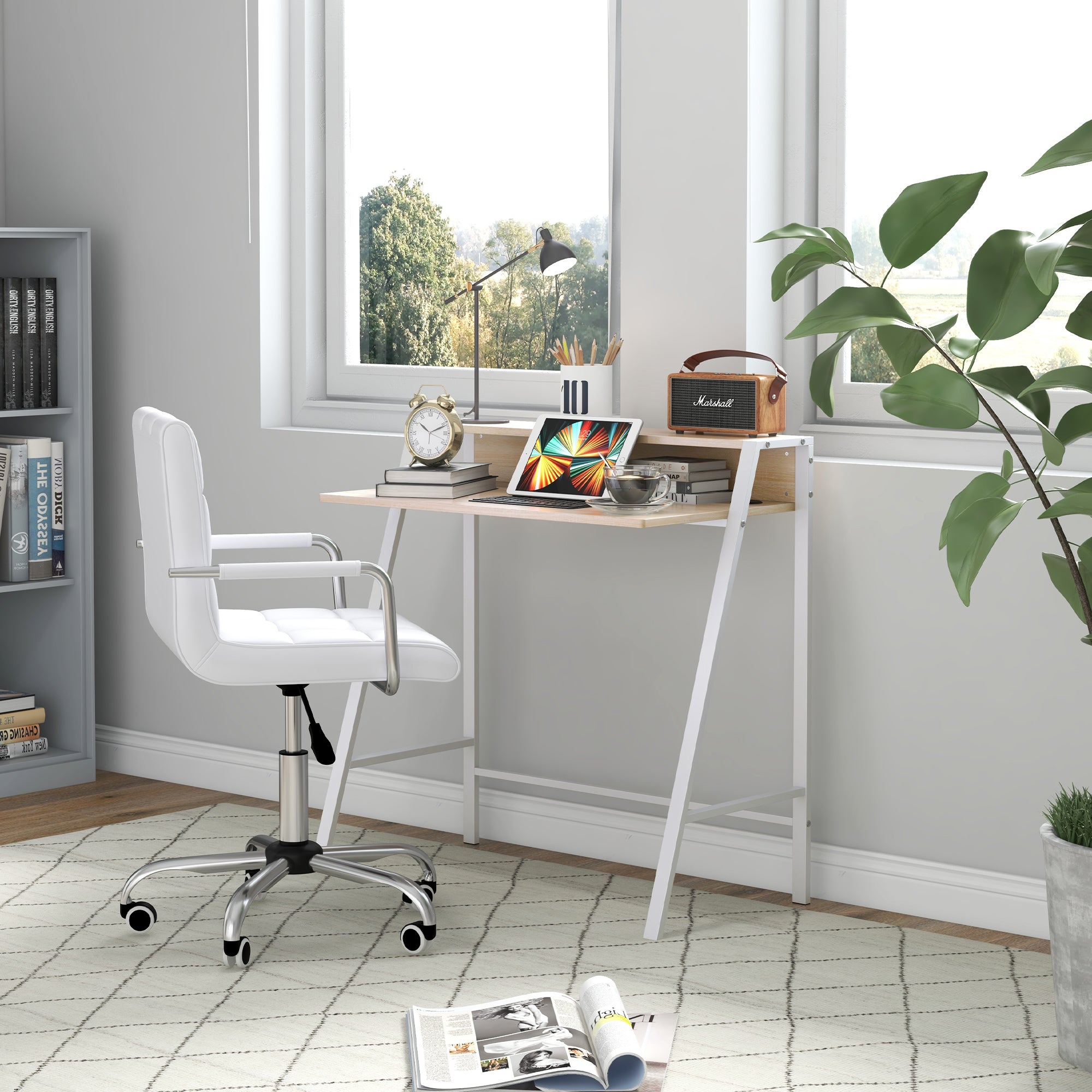 HOMCOM Home Office Chair and Computer Desk Set, Faux Leather Desk Chair with Swivel Wheels, Study Desk with Storage Shelf, White - North Peak Garden Furniture