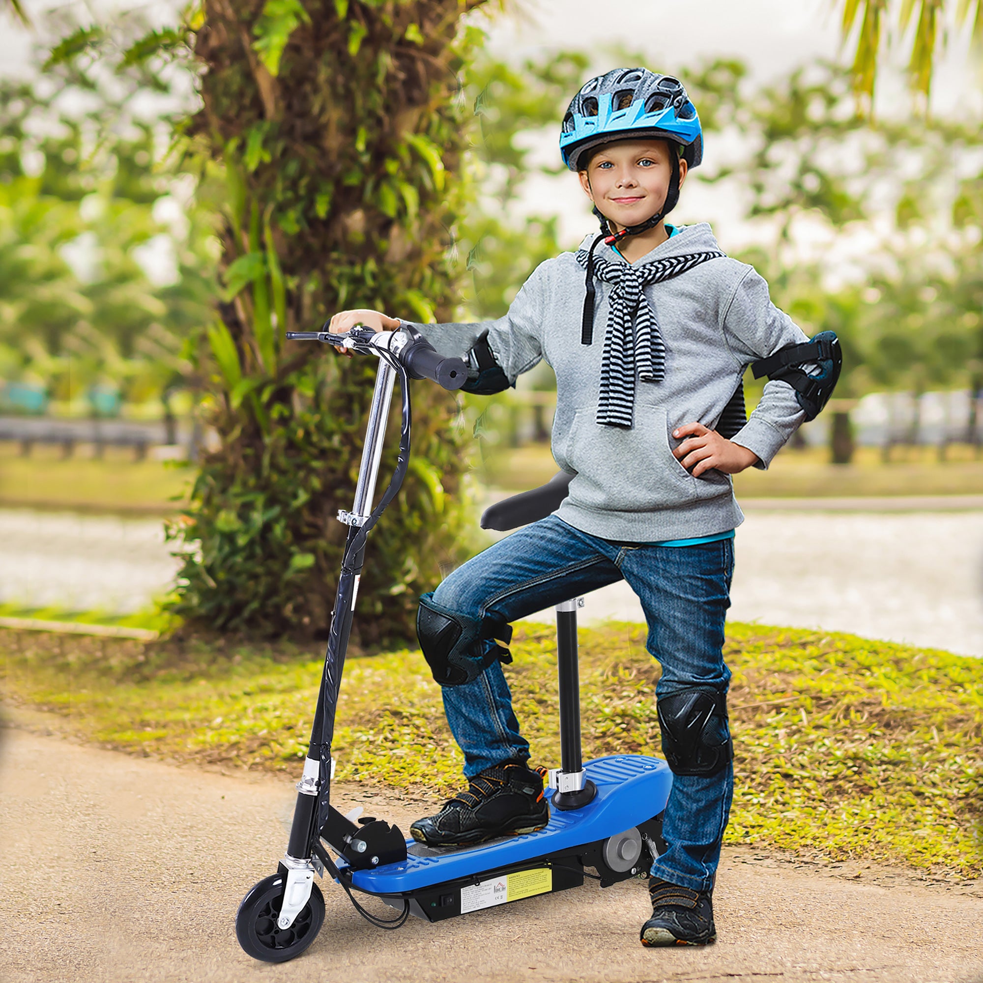 HOMCOM Foldable Electric Scooter for Kids 12V 120W W/Brake Kickstand -Blue - North Peak Garden Furniture