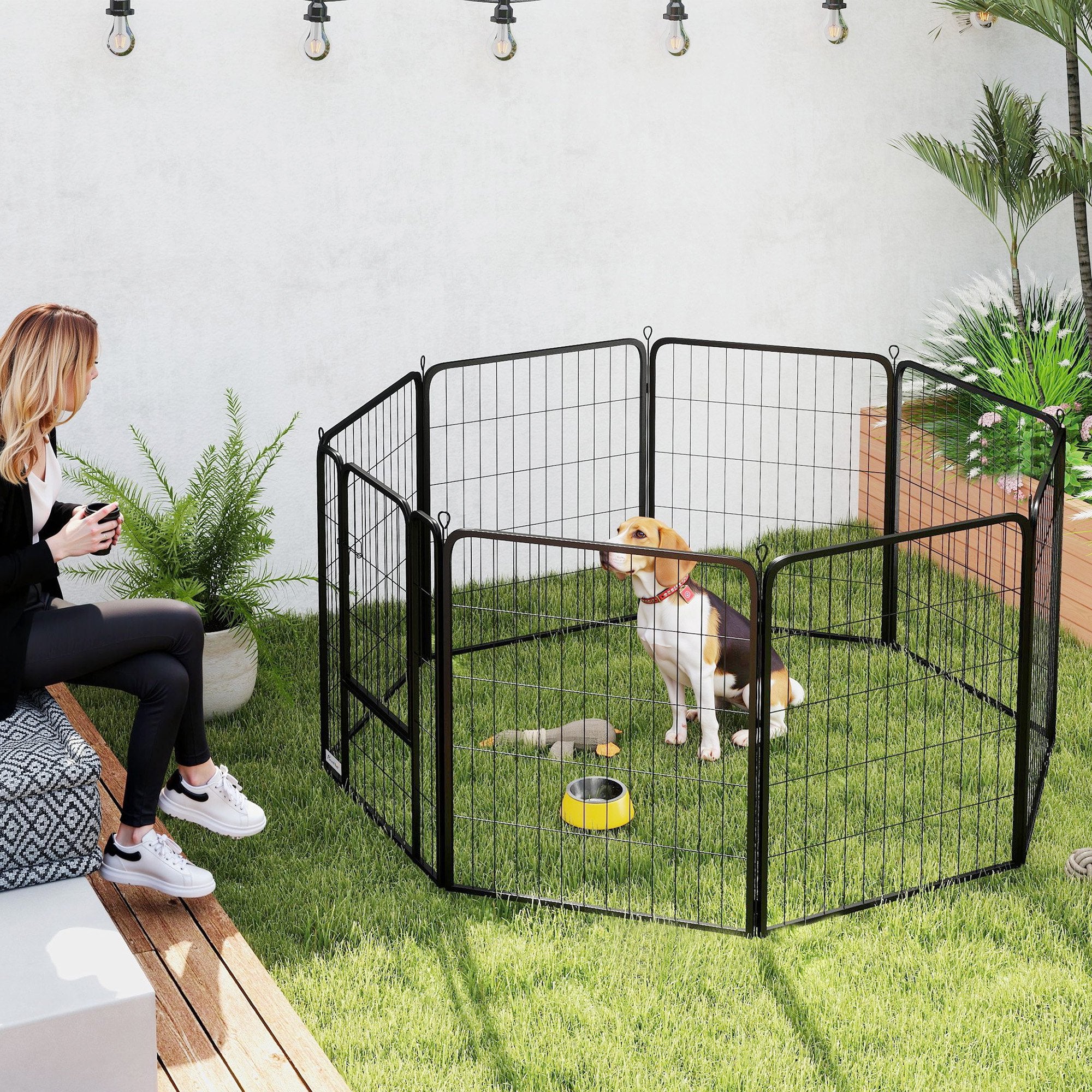 PawHut 8 Panels Heavy Duty Dog Playpen with Door Indoor Outdoor, for Medium Dogs, 80cm High - North Peak Garden Furniture