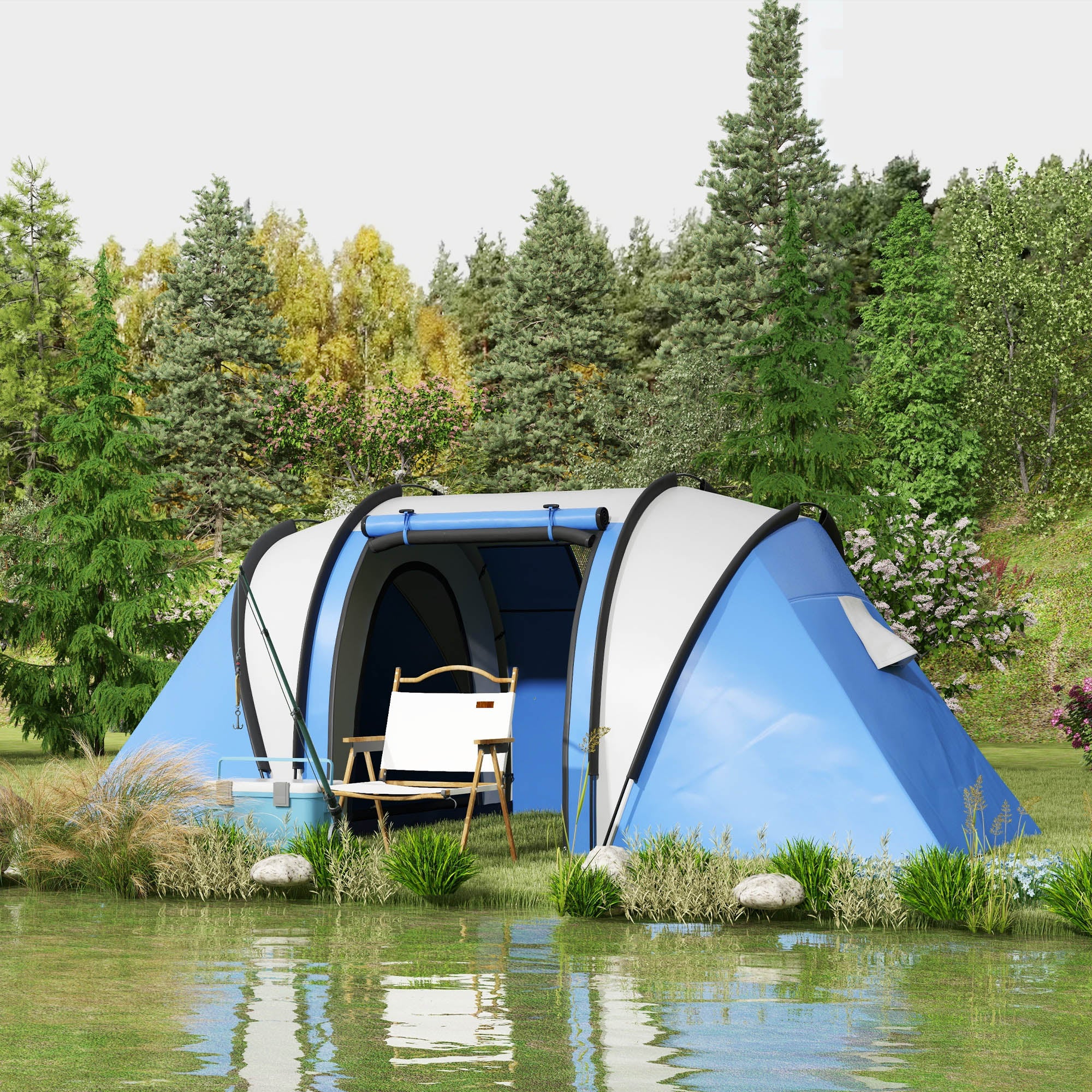 Outsunny Camping Tent with 2 Bedrooms and Living Area, 3000mm Waterproof Family Tent, for Fishing Hiking Festival, Blue - North Peak Garden Furniture