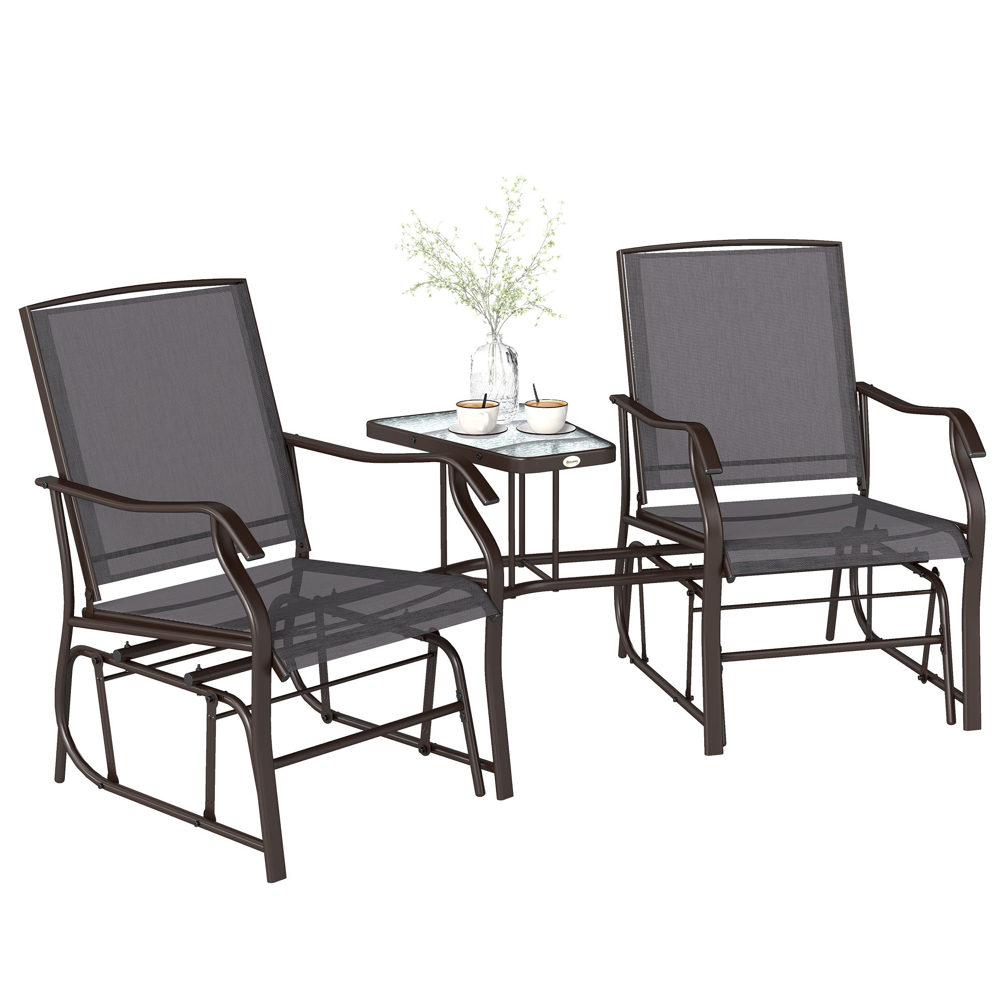 Outsunny Gliding Jack and Jill Seat, with Glass-Top Table - Brown/Grey