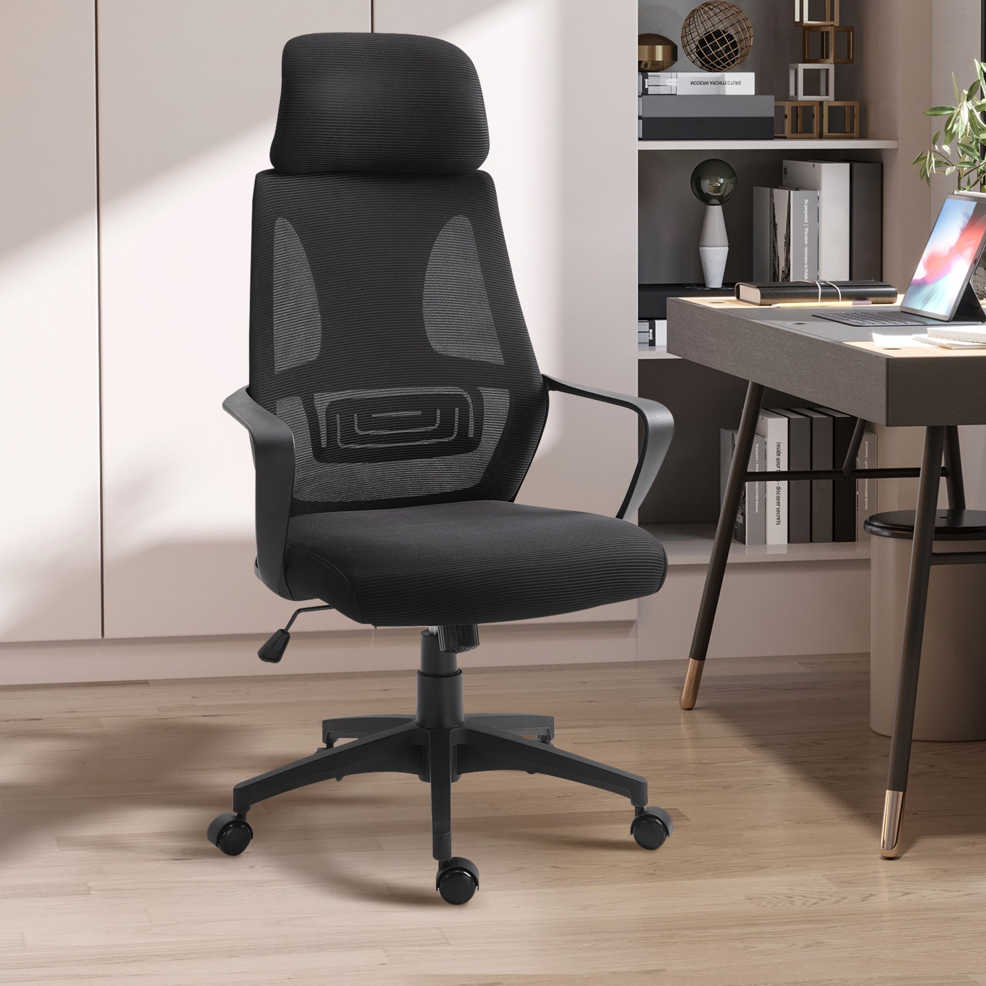 Vinsetto Ergonomic Office Chair, High Back Computer Chair, Mesh Desk Chair with Lumbar Support, Headrest, Wheel, Adjustable Height, Black - North Peak Garden Furniture