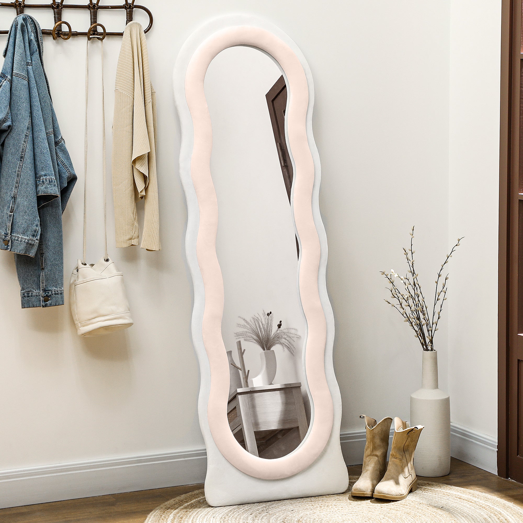 HOMCOM Wavy Velvet-Feel Full Length Mirror - Pink - North Peak Garden Furniture