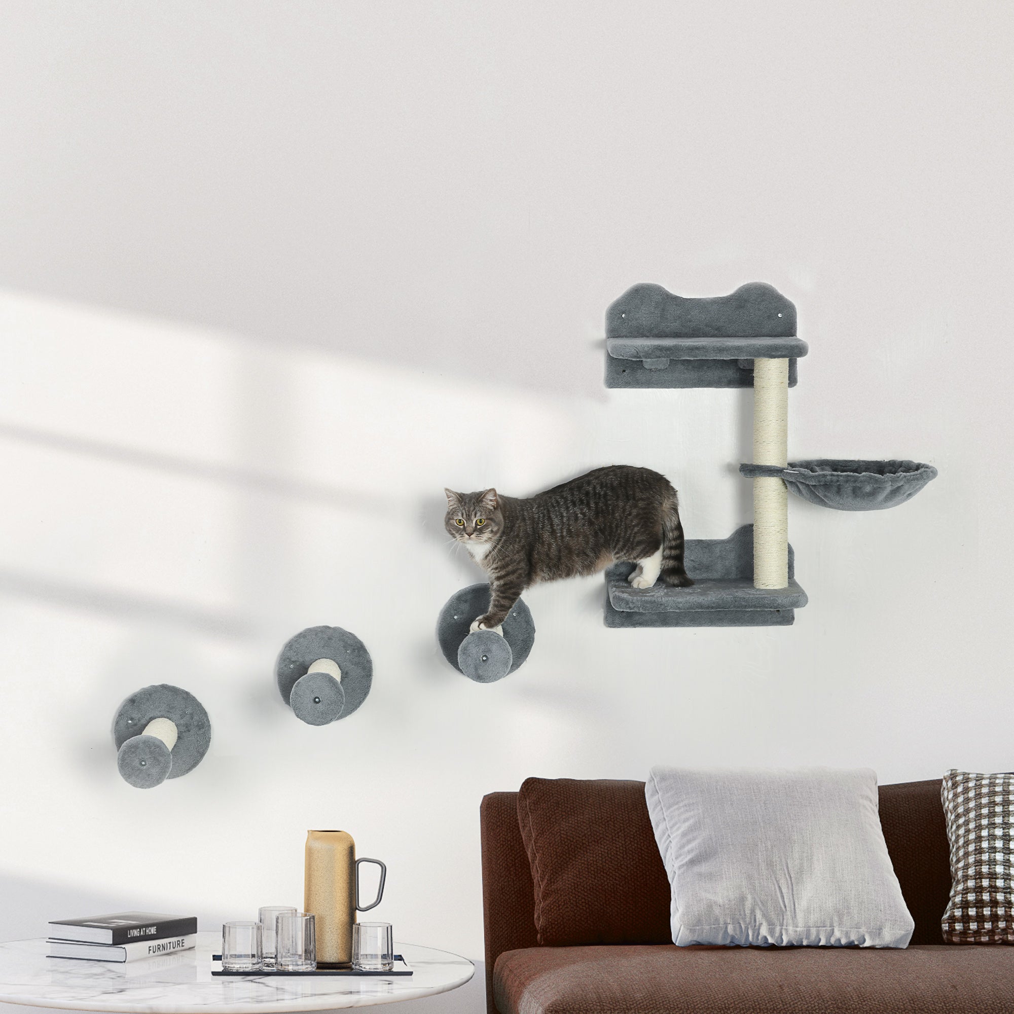 PawHut 4 Piece Cat Shelf with Scratching Post, Wall-Mounted Cat Tree for Indoor Cat - Grey - North Peak Garden Furniture