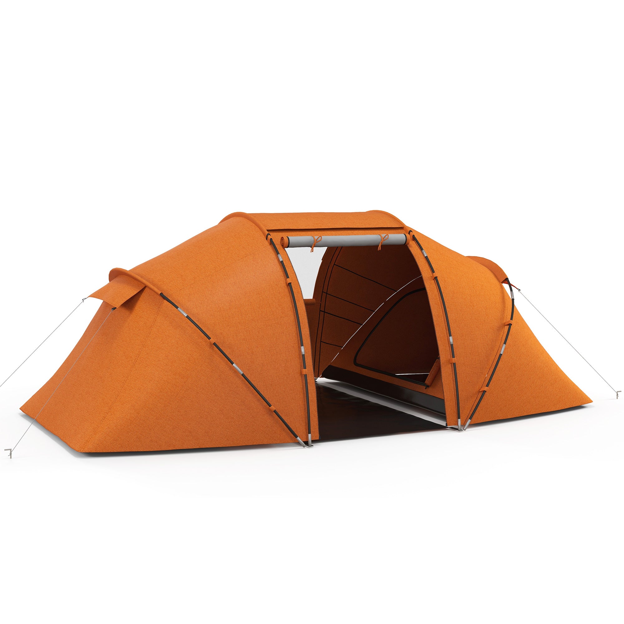 Outsunny 4-6 Man Camping Tent w/ Two Bedroom, Hiking Sun Shelter, UV Protection Tunnel Tent, Orange - North Peak Garden Furniture