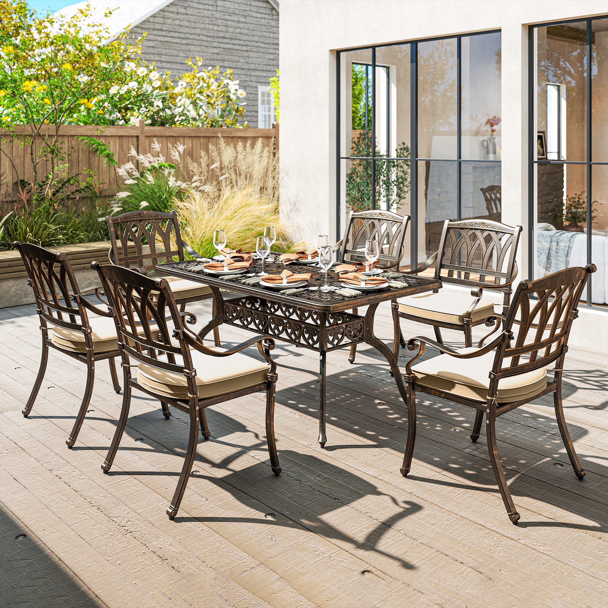Outsunny Seven-Piece Cast Aluminium Garden Dining Set - Bronze Tone - North Peak Garden Furniture