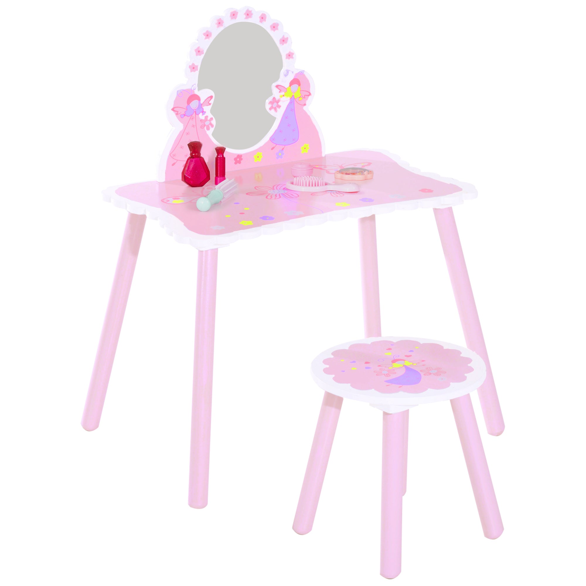 HOMCOM Kids Dressing Table Girls Pink Wooden Kids Dressing Table & Stool Make Up Desk Chair Toys Fairy Dresser Play Set w/Mirror - North Peak Garden Furniture