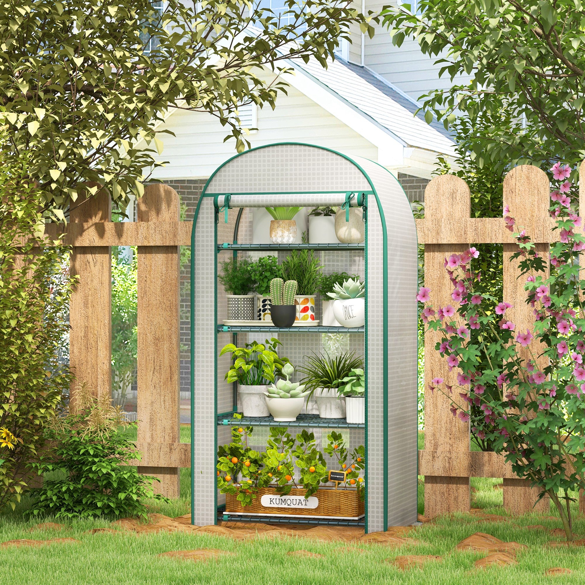 Outsunny 80 x 49 x 160cm Mini Greenhouse for Outdoor, Portable Gardening Plant Green House with Storage Shelf, Roll-Up Zippered Door, Metal Frame and PE Cover, White - North Peak Garden Furniture
