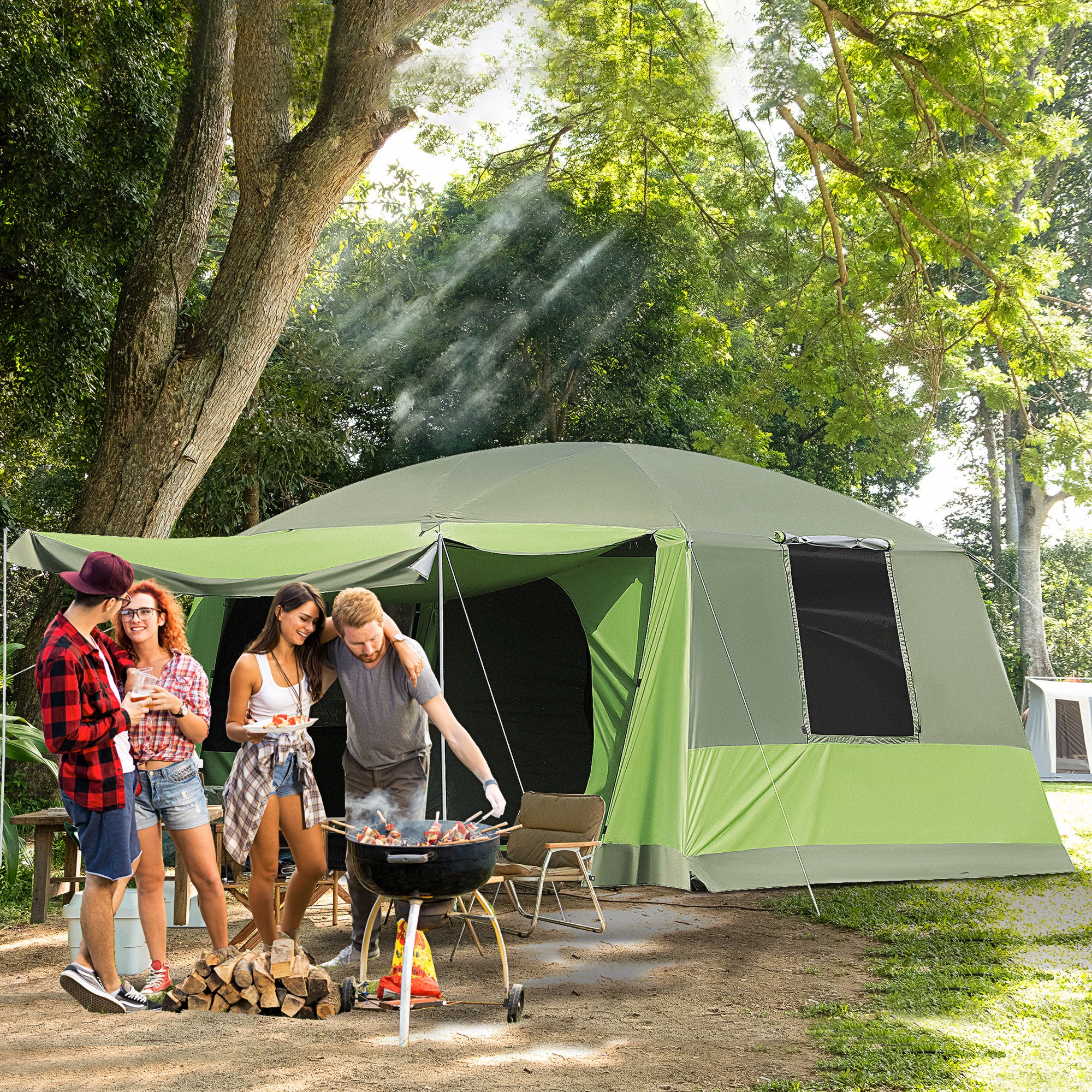Outsunny Tunnel Tent Camping Shelter w/ Porch, Two Rooms, Lamp Hook, Portable Carry Bag - North Peak Garden Furniture