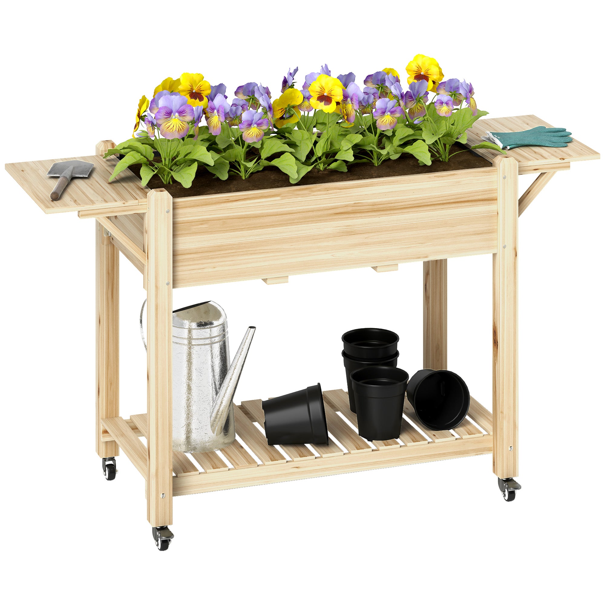 Outsunny 46 x 94cm Wooden Raised Planter, with Shelves - Natural Finish - North Peak Garden Furniture