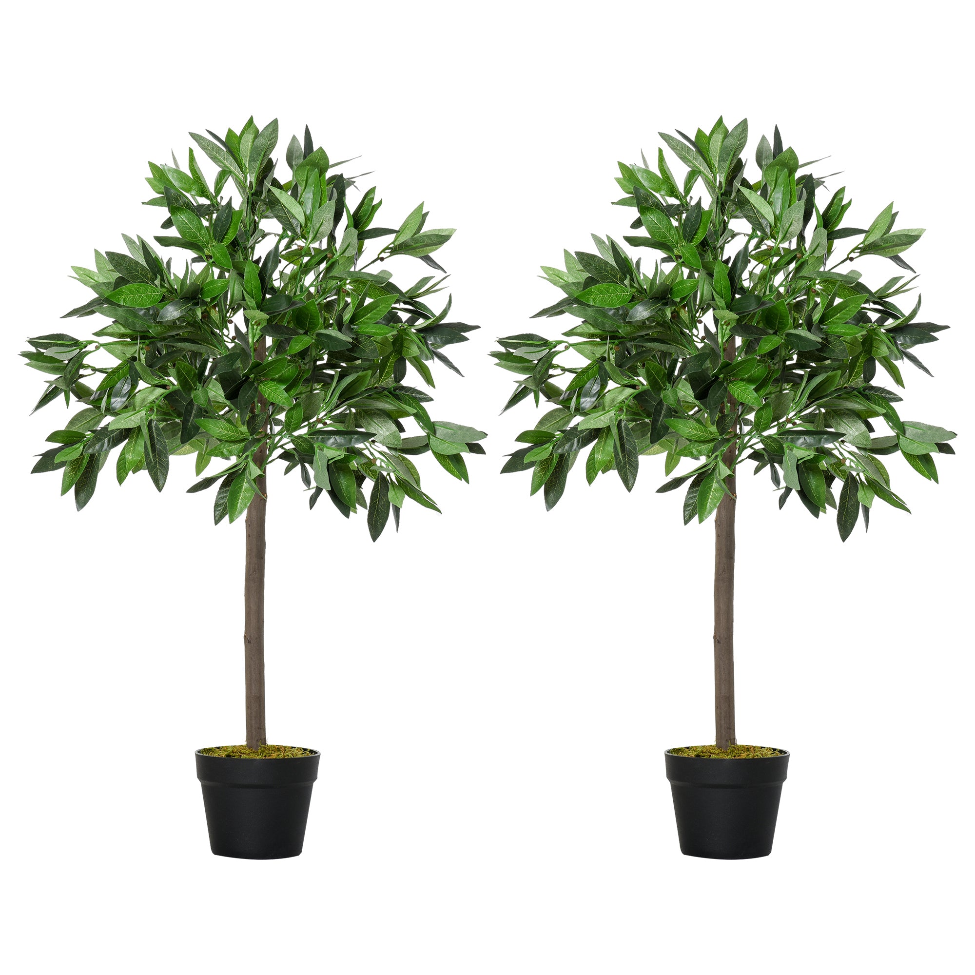 Outsunny Set Of 2 90cm/3FT Artificial Bay Laurel Topiary Trees w/ Pot Fake Indoor Outdoor Greenery Plant Home Office Garden Decor Green - North Peak Garden Furniture