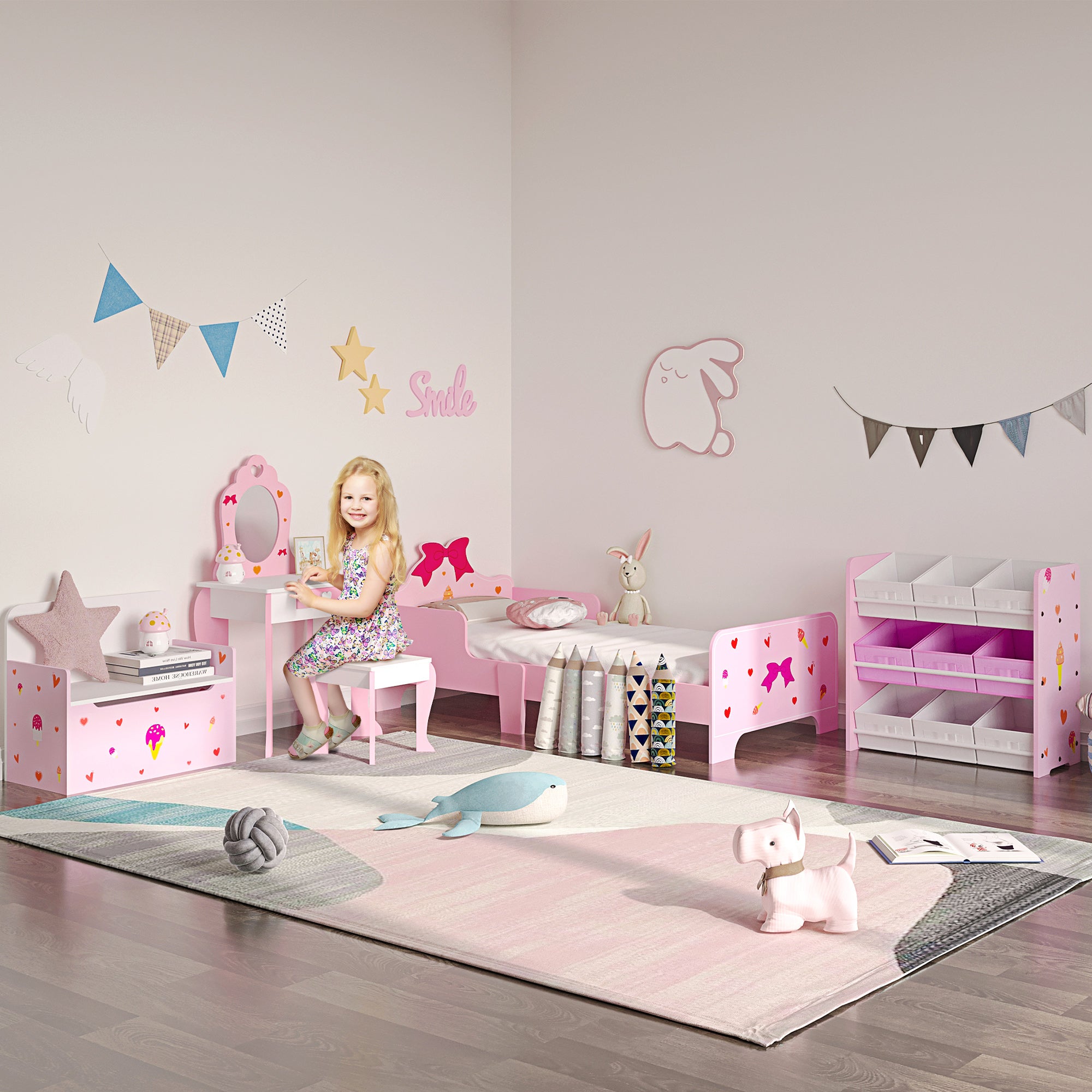 ZONEKIZ Princess-Themed Kids Toddler Bed w/ Cute Patterns, Safety Rails, for Ages 3-6 Years - Pink - North Peak Garden Furniture