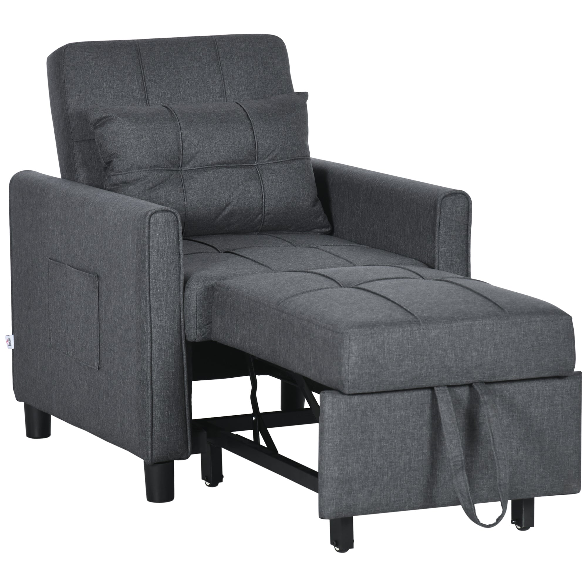 HOMCOM 3-In-1 Convertible Chair Bed, Pull Out Sleeper Chair with Adjustable Backrest, Side Pockets, Grey