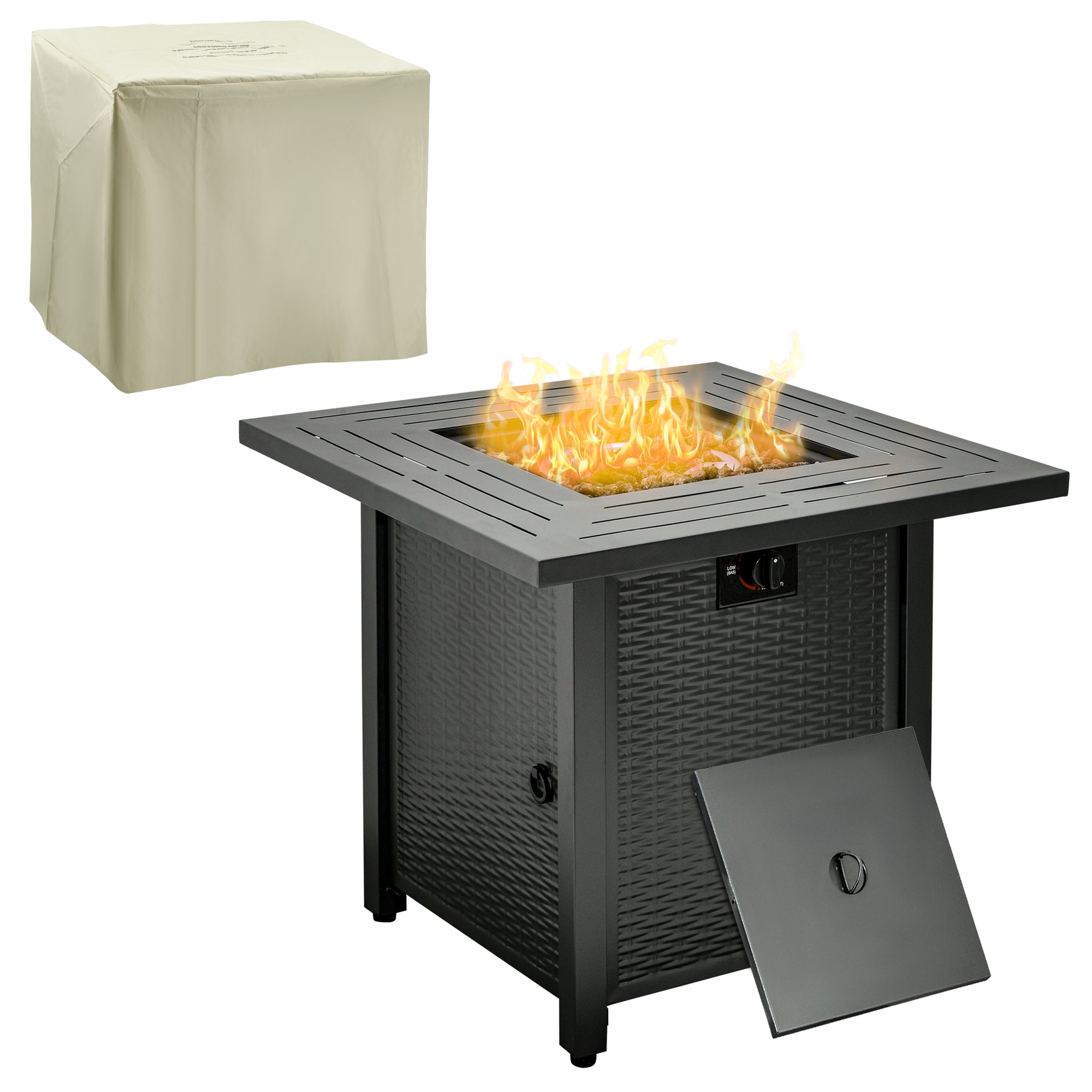 Outsunny Square Propane Gas Fire Pit Table, 40000 BTU Rattan Smokeless Firepit Patio Heater with Protective Cover, Lava Rocks and Lid, 71cm x 71cm x 62cm, Black - North Peak Garden Furniture