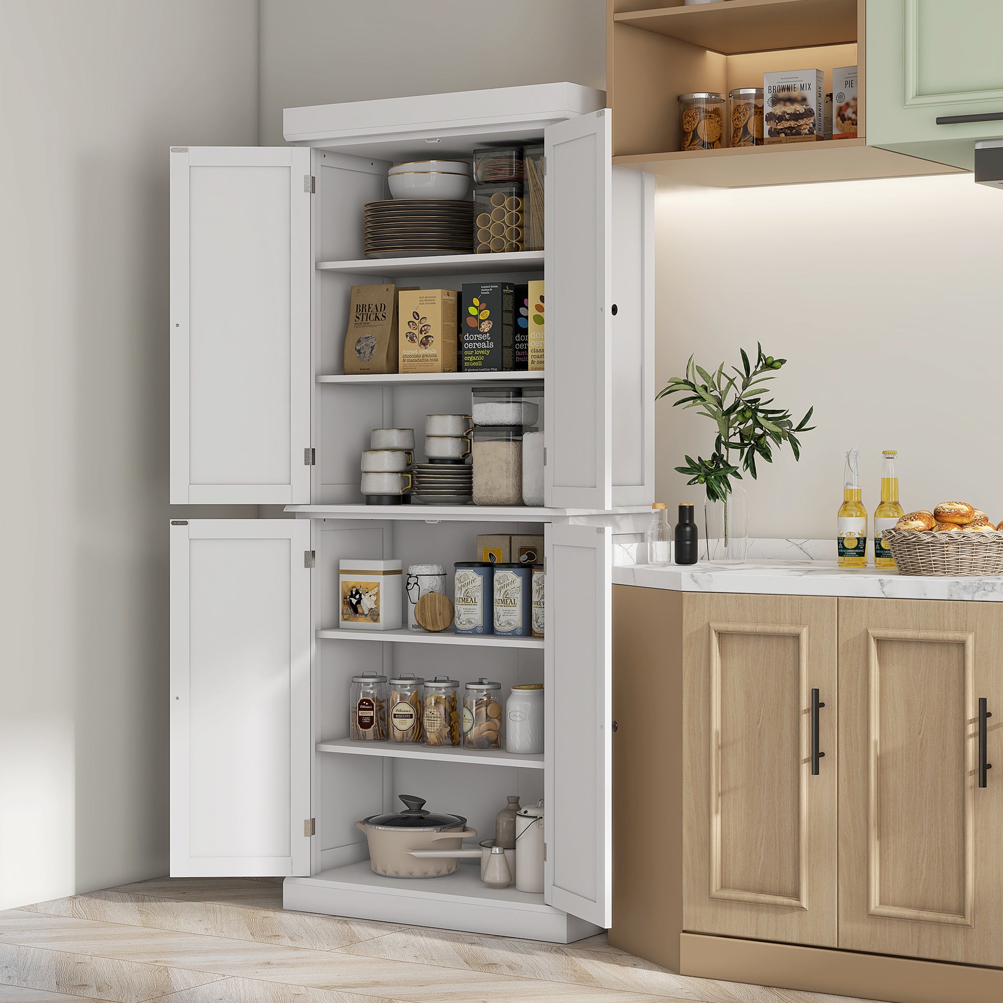 HOMCOM Freestanding Kitchen Cupboard with 4 Doors, Storage Cabinet with 6-Tier Shelving and 4 Adjustable Shelves, White - North Peak Garden Furniture
