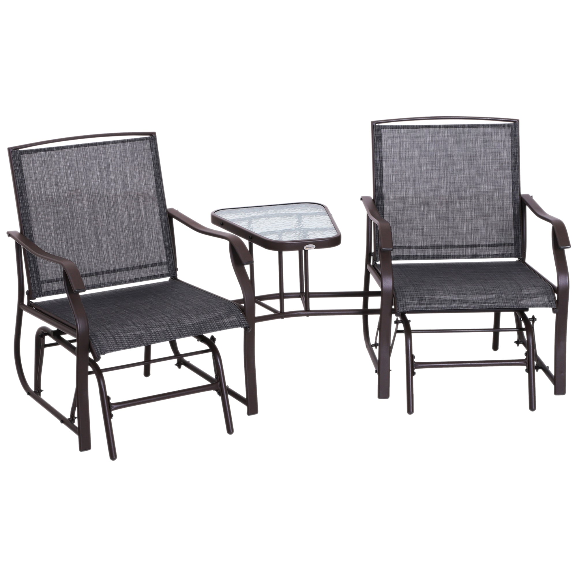 Outsunny Gliding Jack and Jill Seat, with Glass-Top Table - Brown/Grey - North Peak Garden Furniture