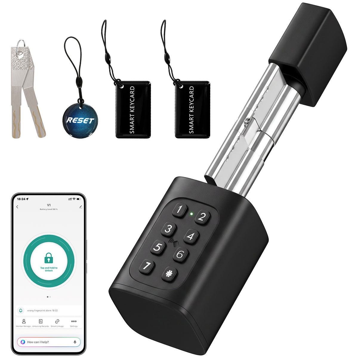 HOMCOM Smart Door Cylinder, 5-in-1 (Fingerprint Biometrics/Passcode/APP/NFC Card/Key), Shared Access, Bluetooth Cylinder