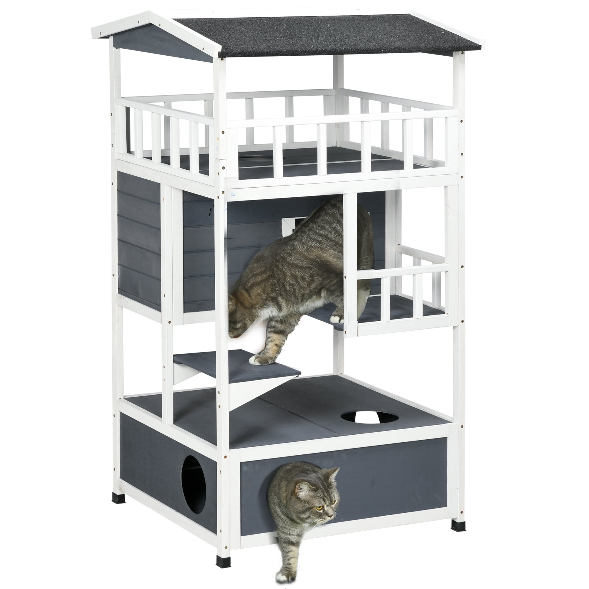 PawHut Wooden Outdoor Cat House 3-Tier for Winter Kitten Shelter Lodge w/ Tilted Roof Terrace Jump Step Bottom Tray Elevated Base Waterproof Paint Grey - North Peak Garden Furniture