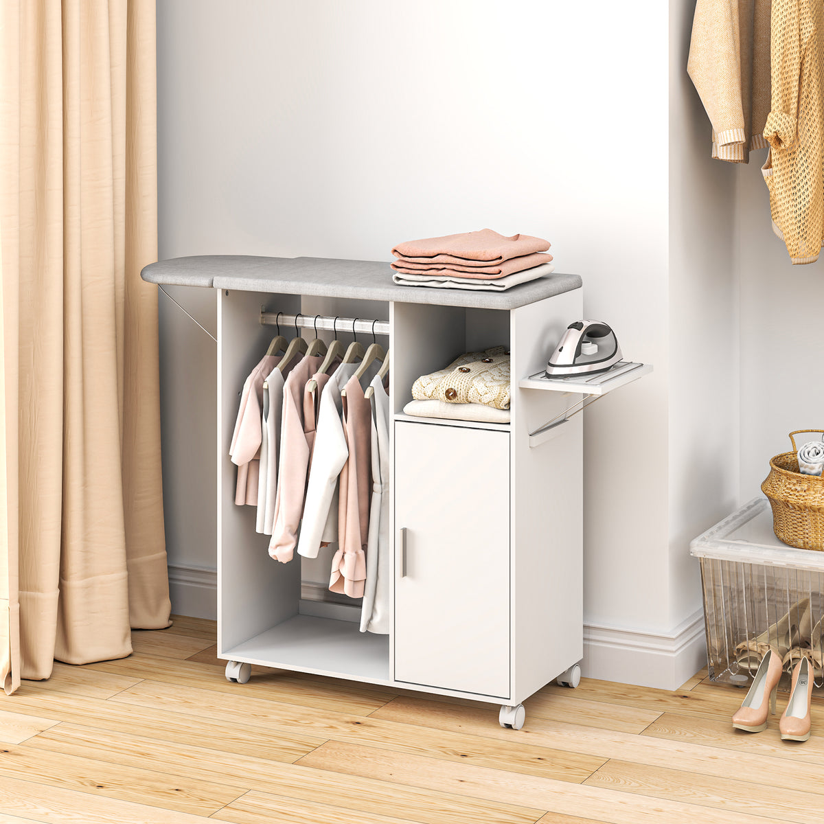 HOMCOM Rolling Ironing Board Cabinet, Foldable Ironing Station with Storage, Wheels for Home, Laundry Room, White