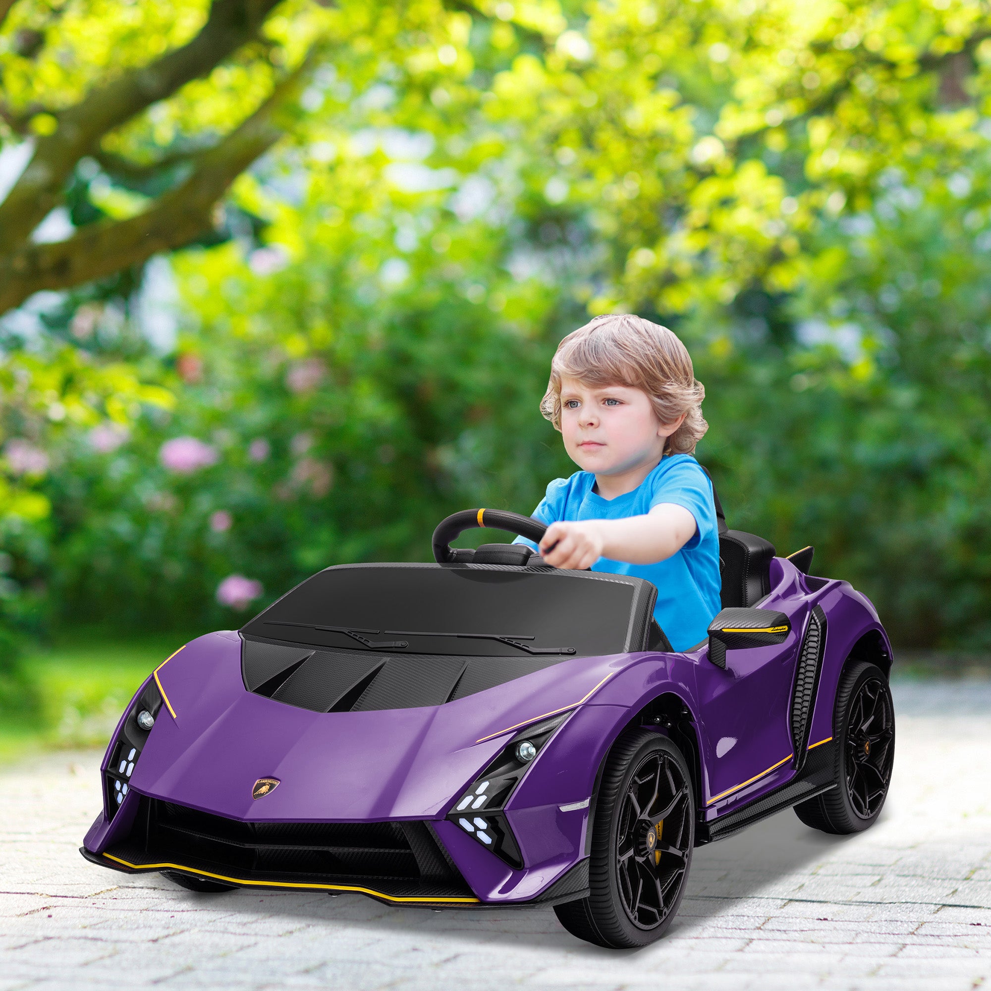 AIYAPLAY 12V Lamborghini Autentica Licensed Kids Electric Car with Remote Control, 4 Suspension Wheels, Soft Start, Purple - North Peak Garden Furniture